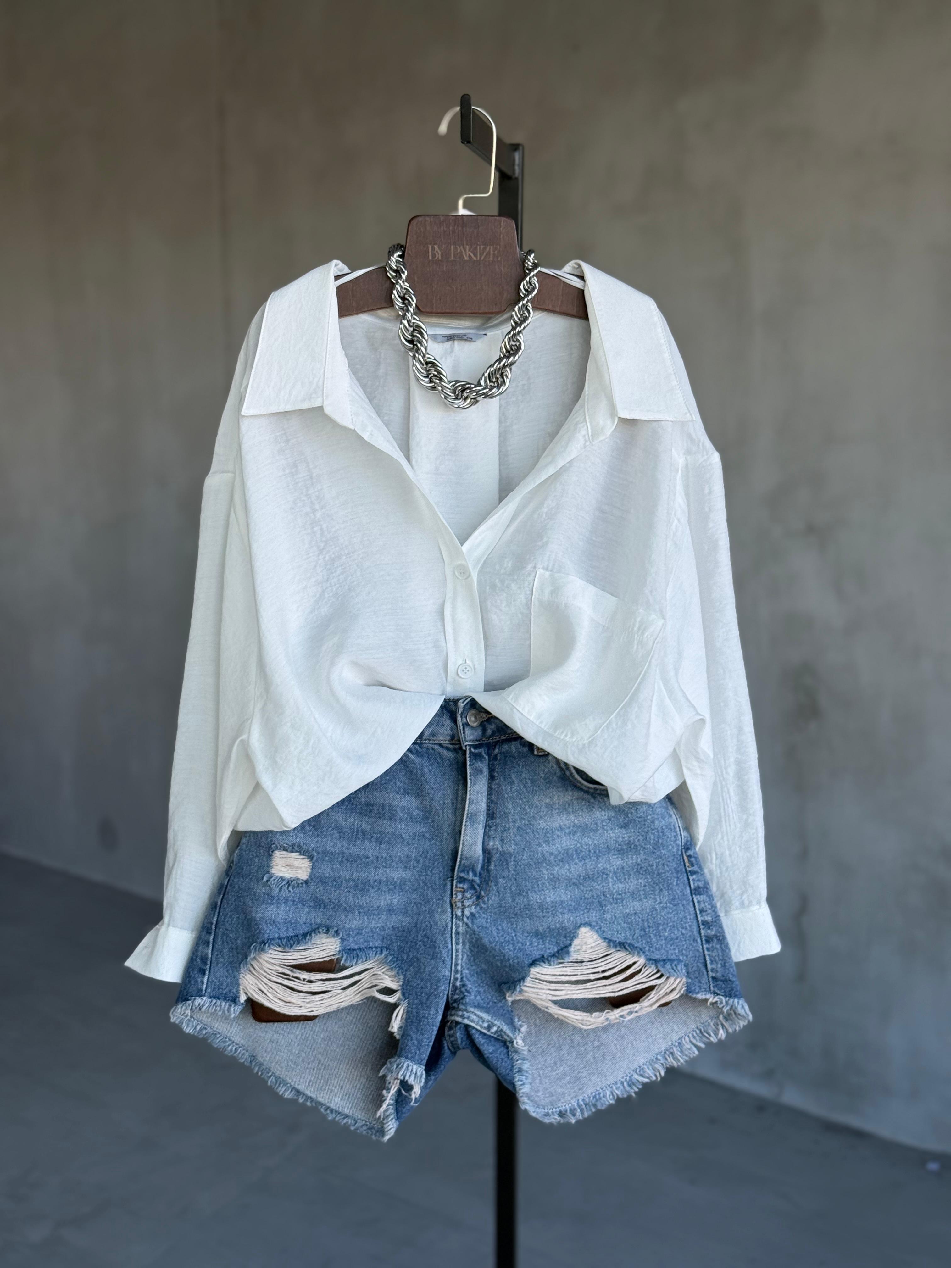 Premium Düşük Omuzlu Oversize Gömlek (Beyaz)