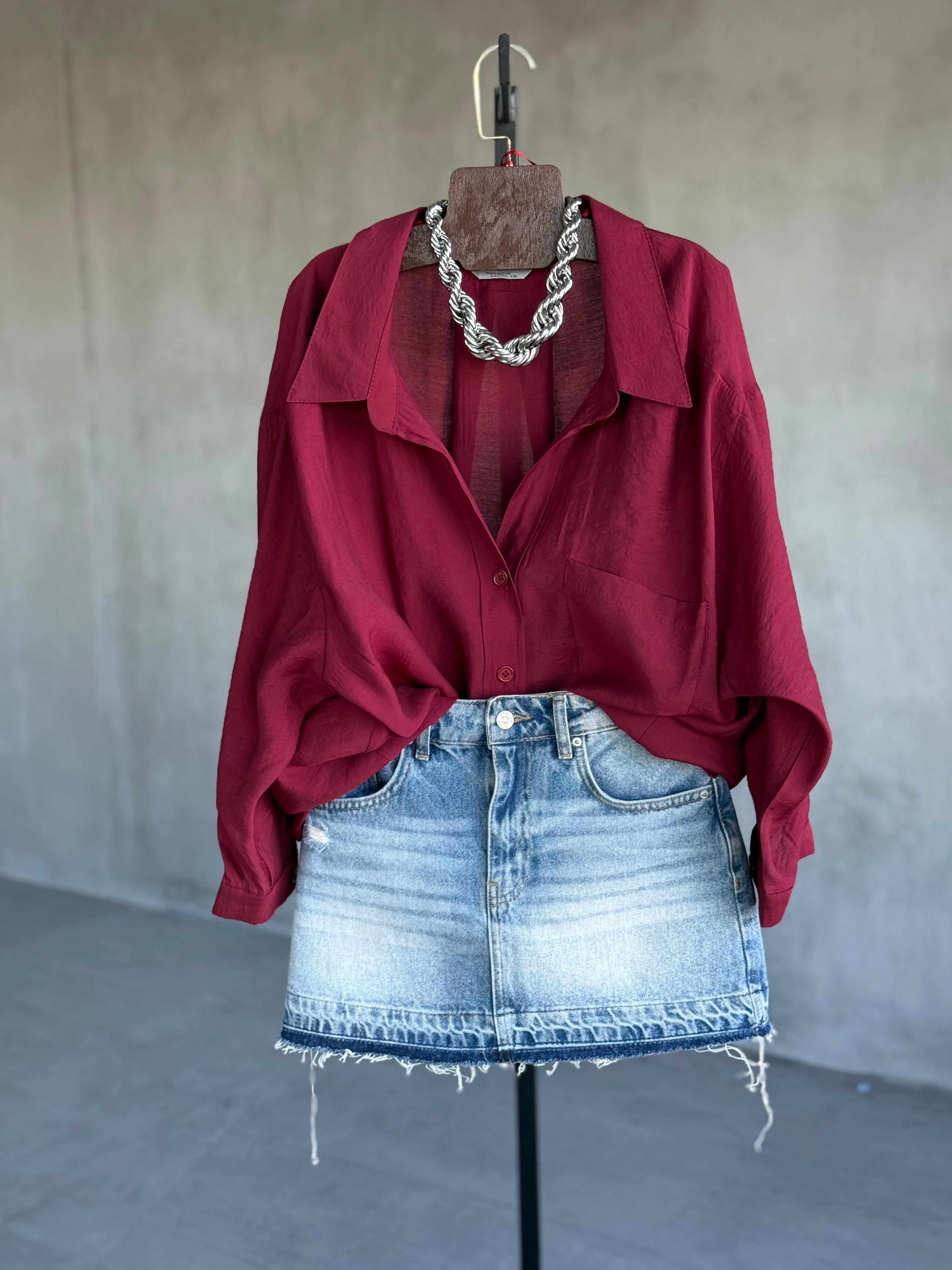 Premium Düşük Omuzlu Oversize Gömlek (Bordo)