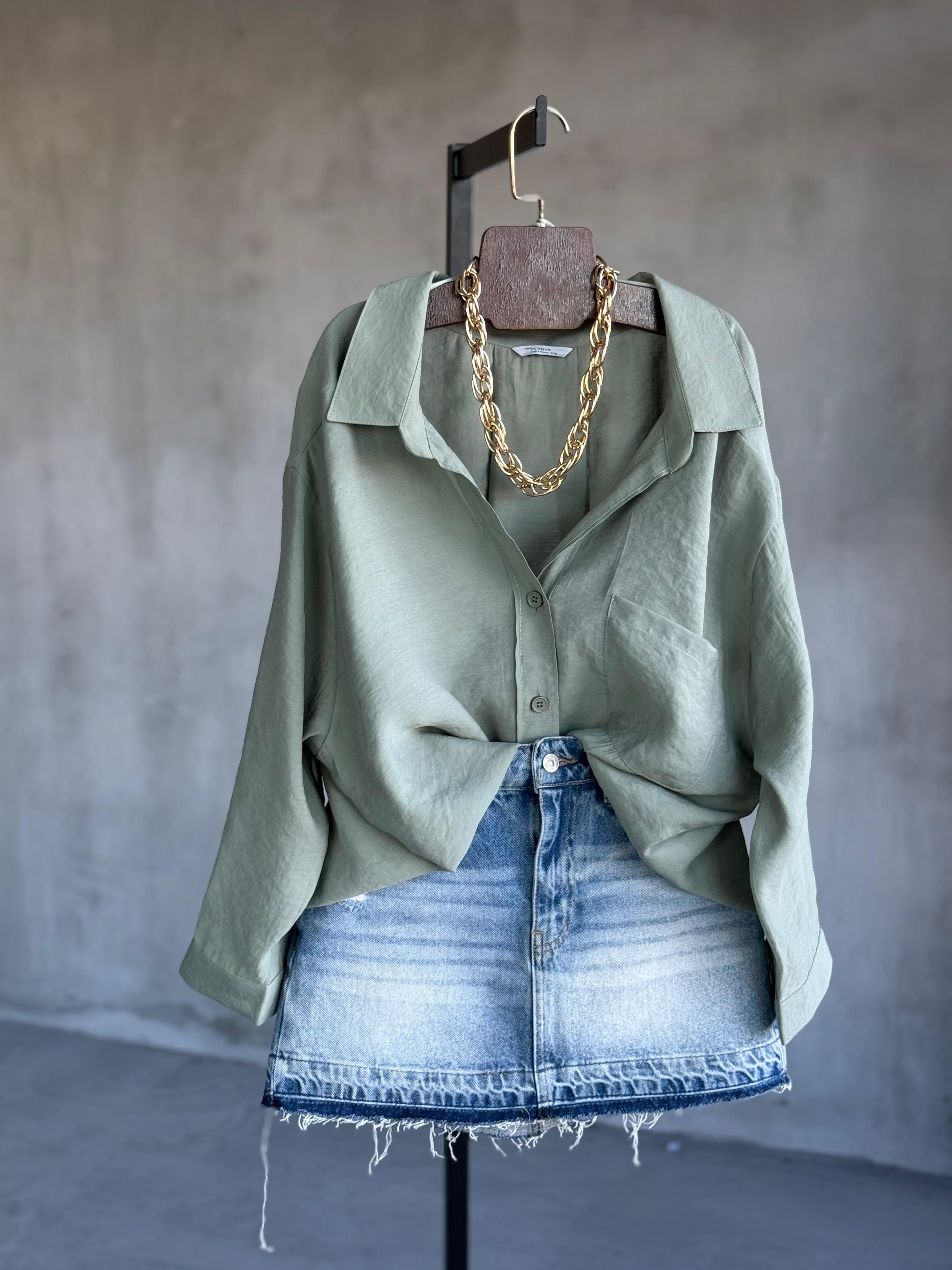 Premium Düşük Omuzlu Oversize Gömlek (Çağla Yeşili)