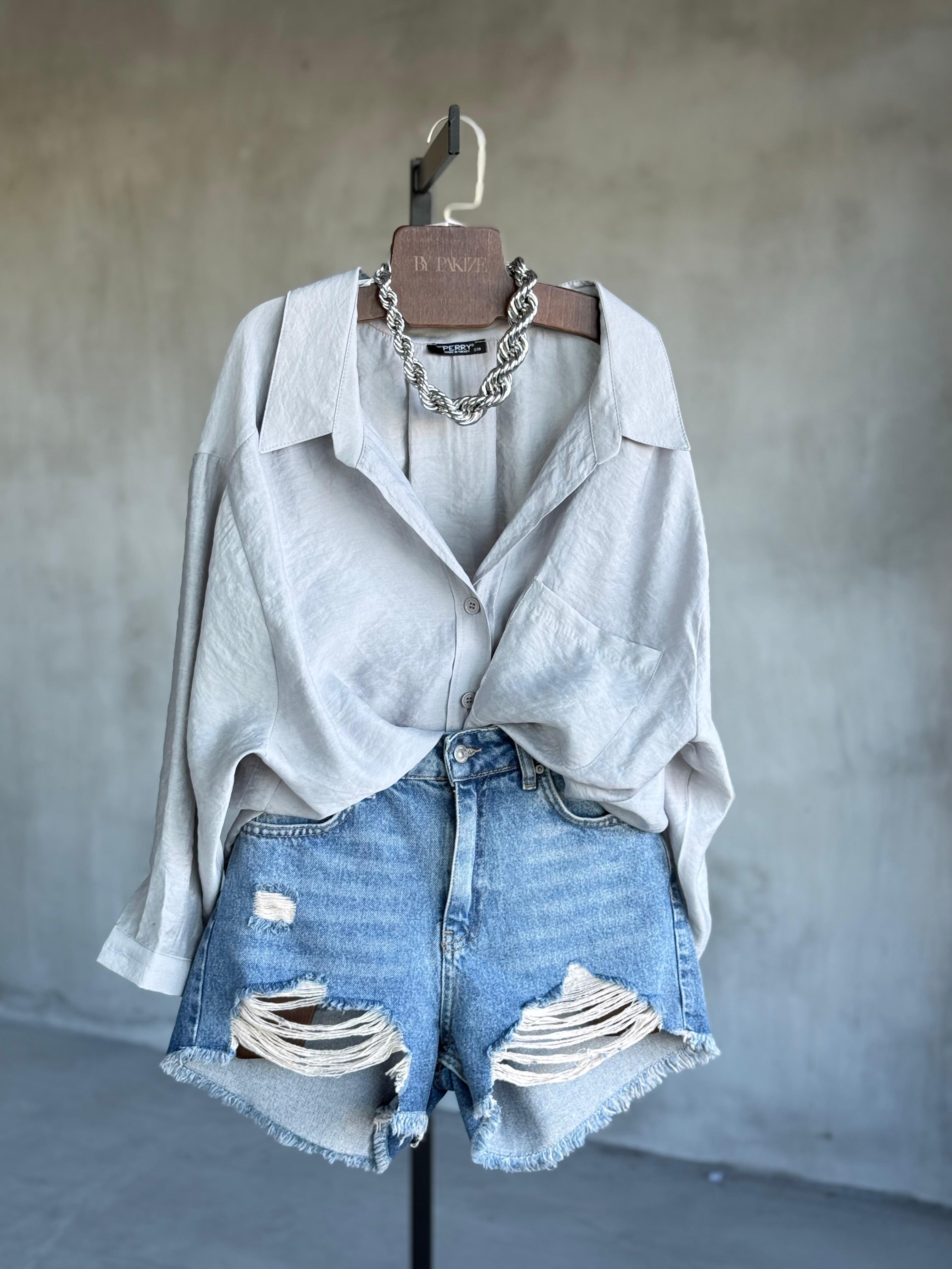 Premium Düşük Omuzlu Oversize Gömlek (Gri)