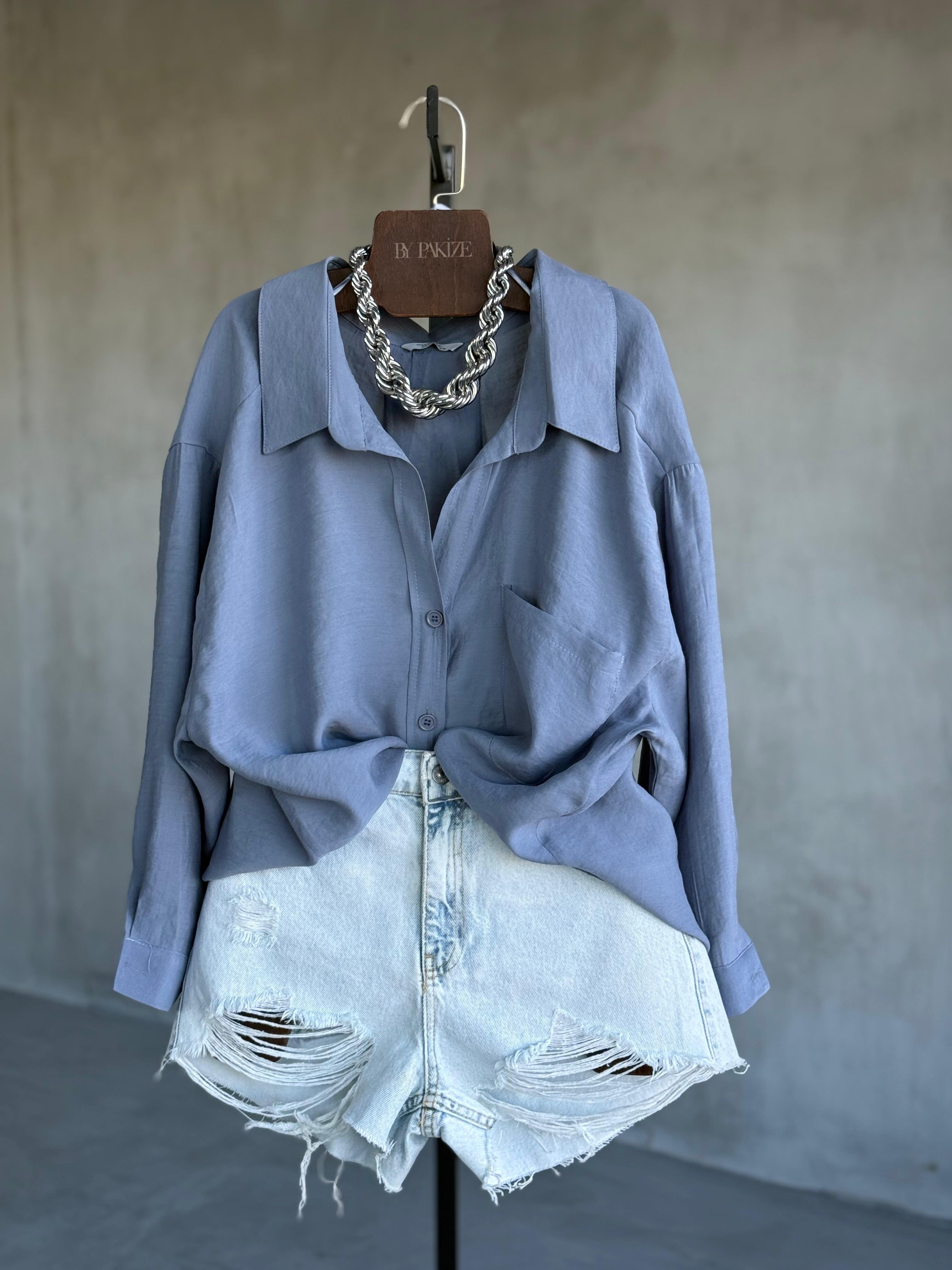 Premium Düşük Omuzlu Oversize Gömlek (Gri-Mavi)