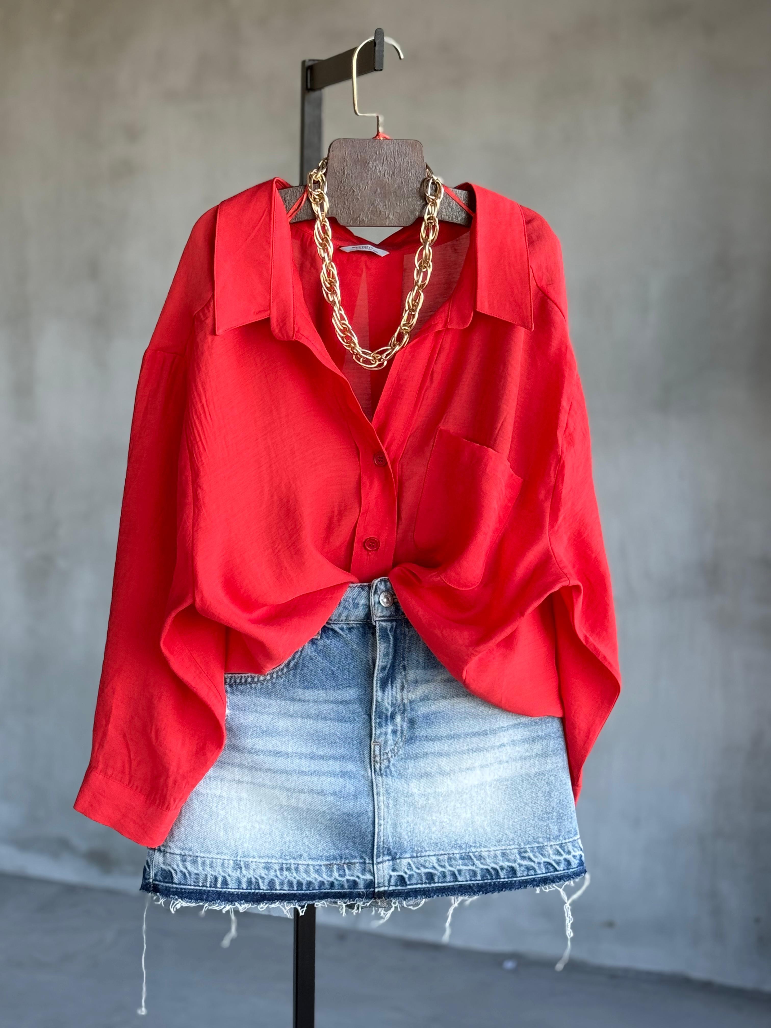 Premium Düşük Omuzlu Oversize Gömlek (Kırmızı)