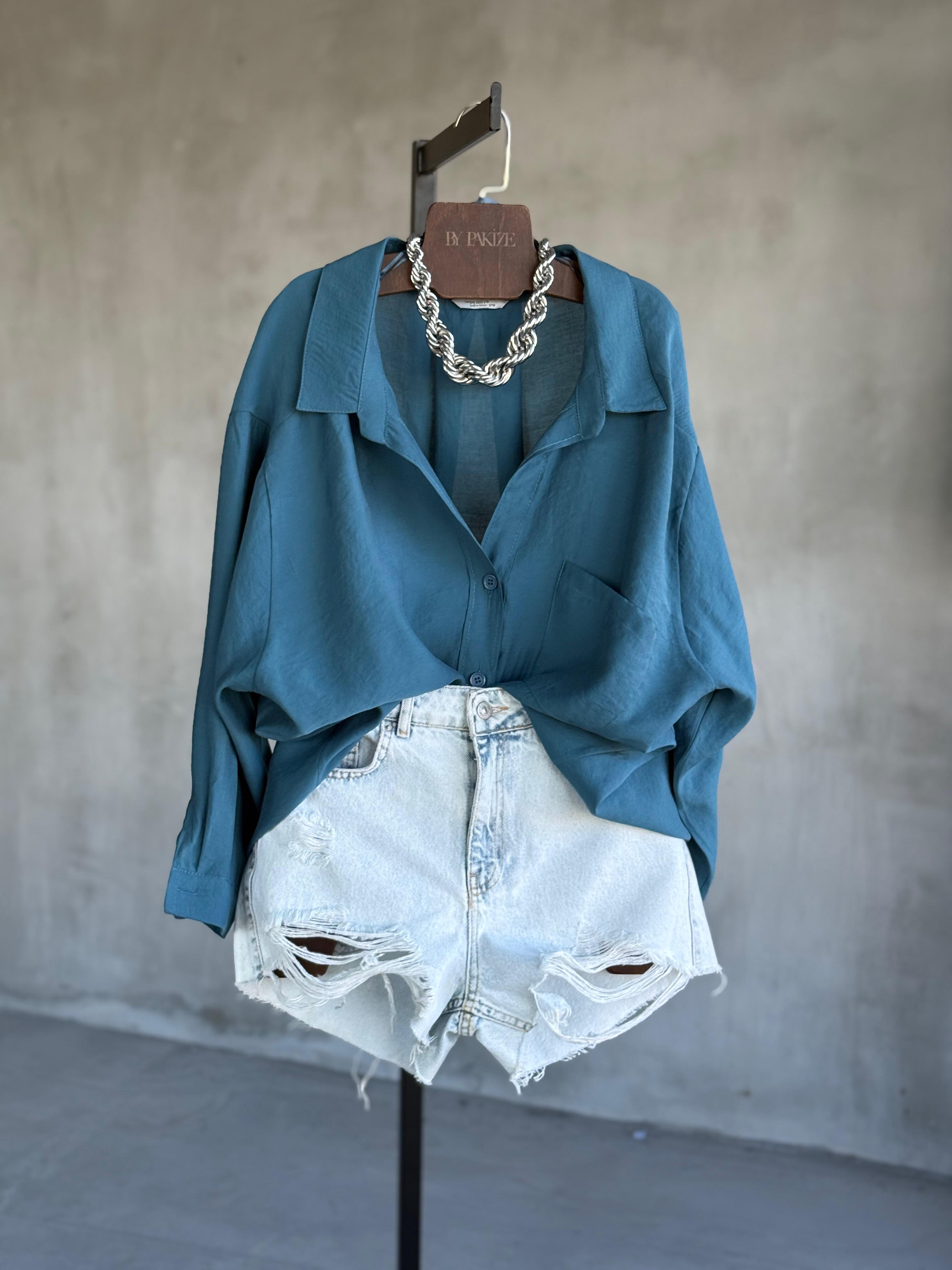 Premium Düşük Omuzlu Oversize Gömlek (Petrol Mavi)