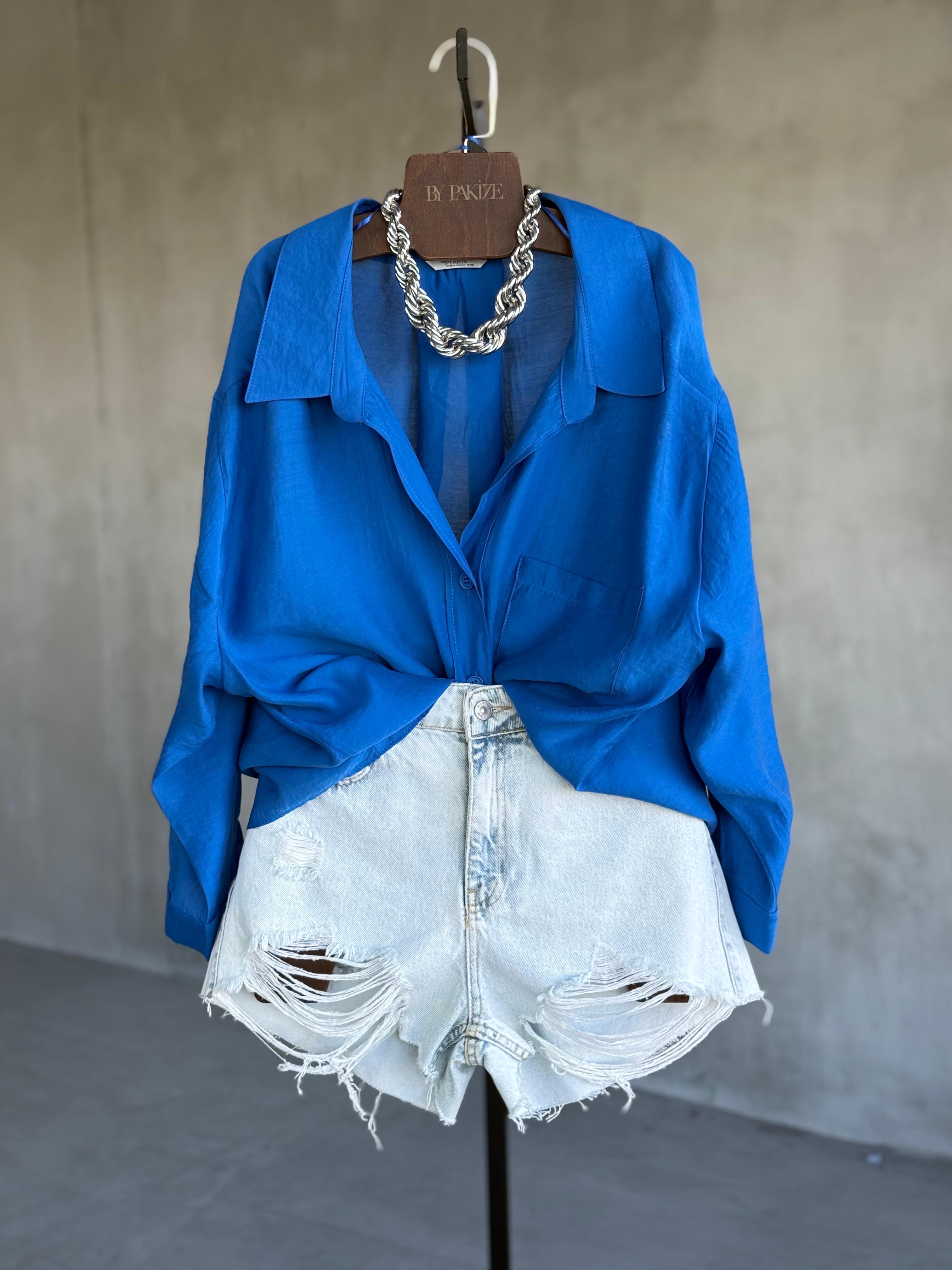 Premium Düşük Omuzlu Oversize Gömlek (Saks Mavisi)