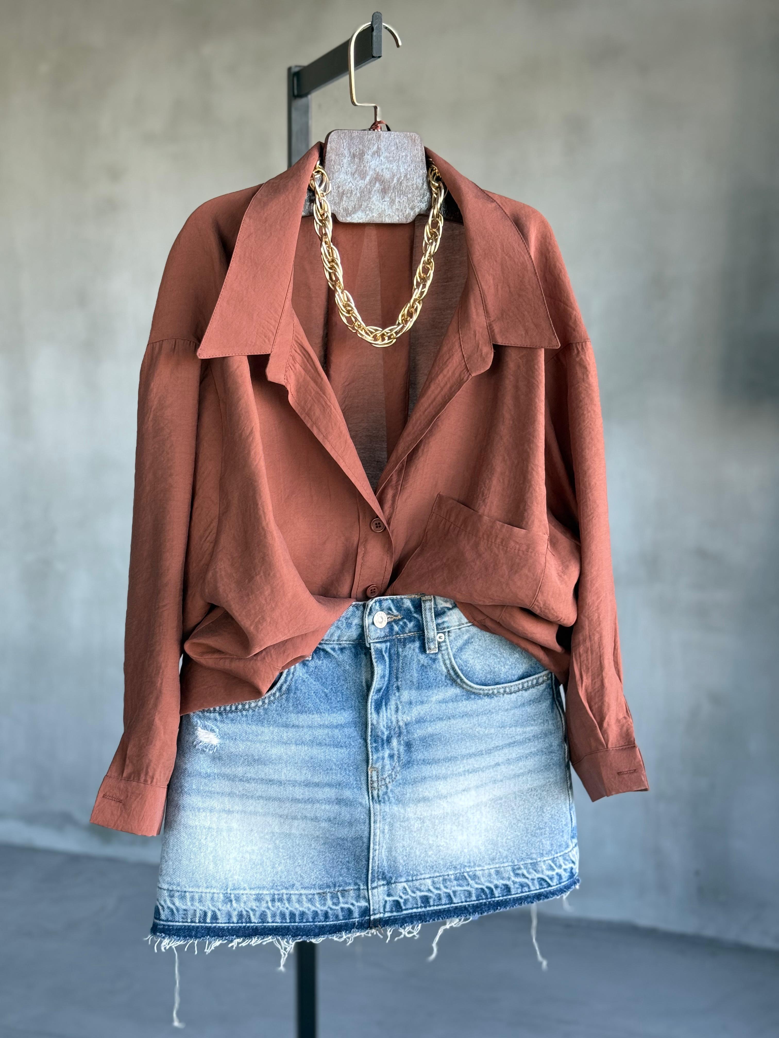 Premium Düşük Omuzlu Oversize Gömlek (Tarçın)