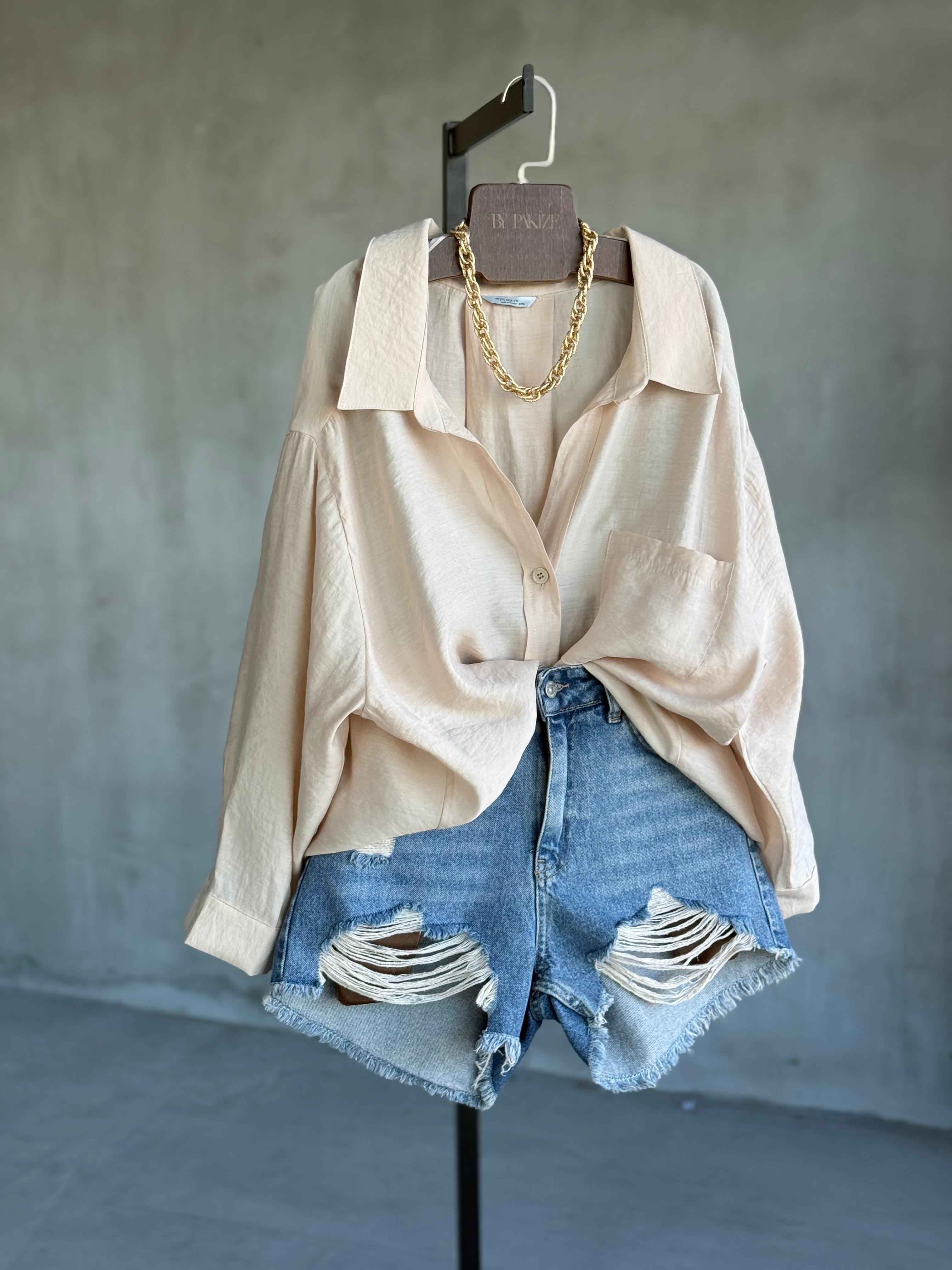 Premium Düşük Omuzlu Oversize Gömlek (Taş)