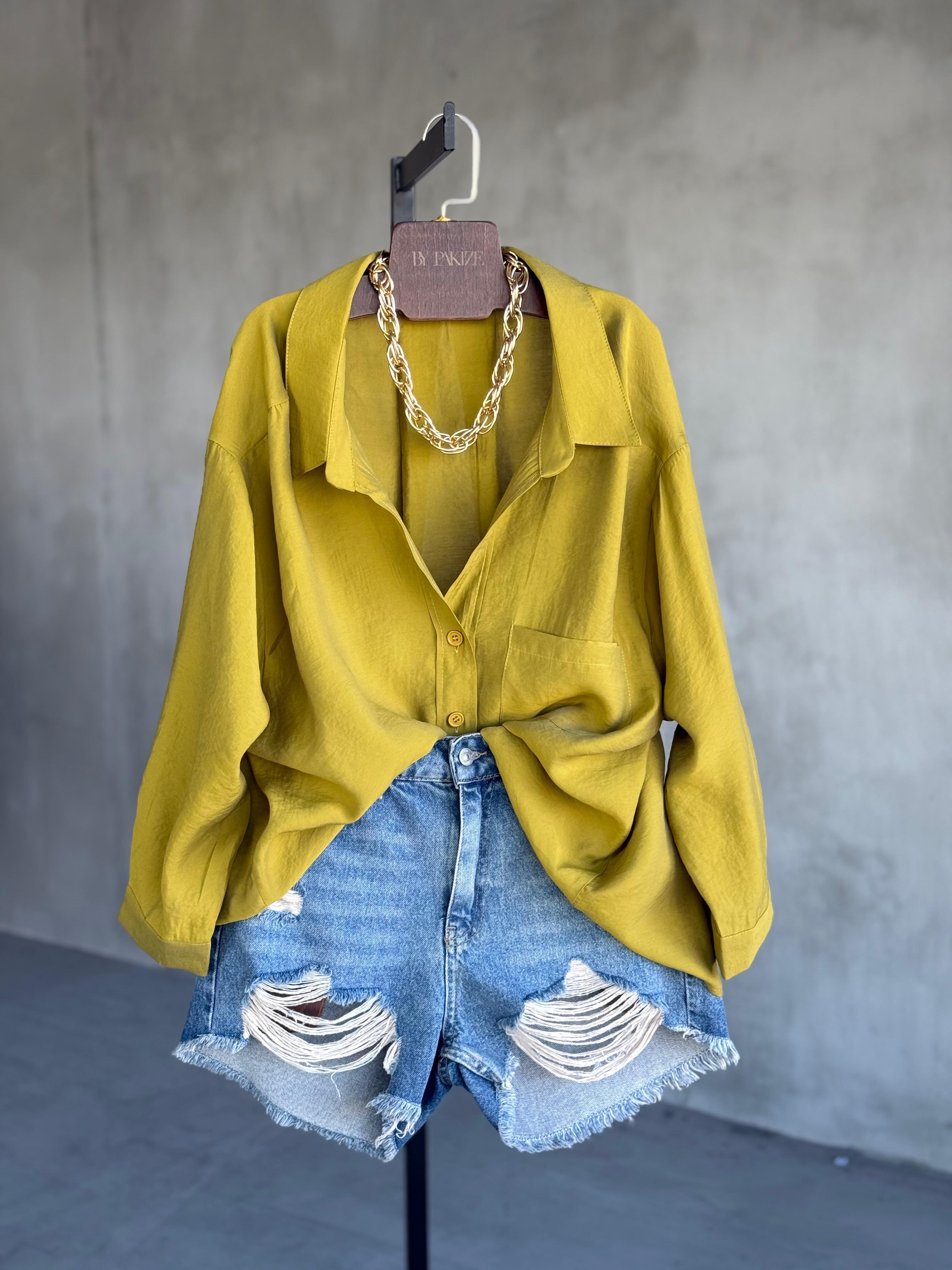 Premium Düşük Omuzlu Oversize Gömlek (Yağ Yeşili)
