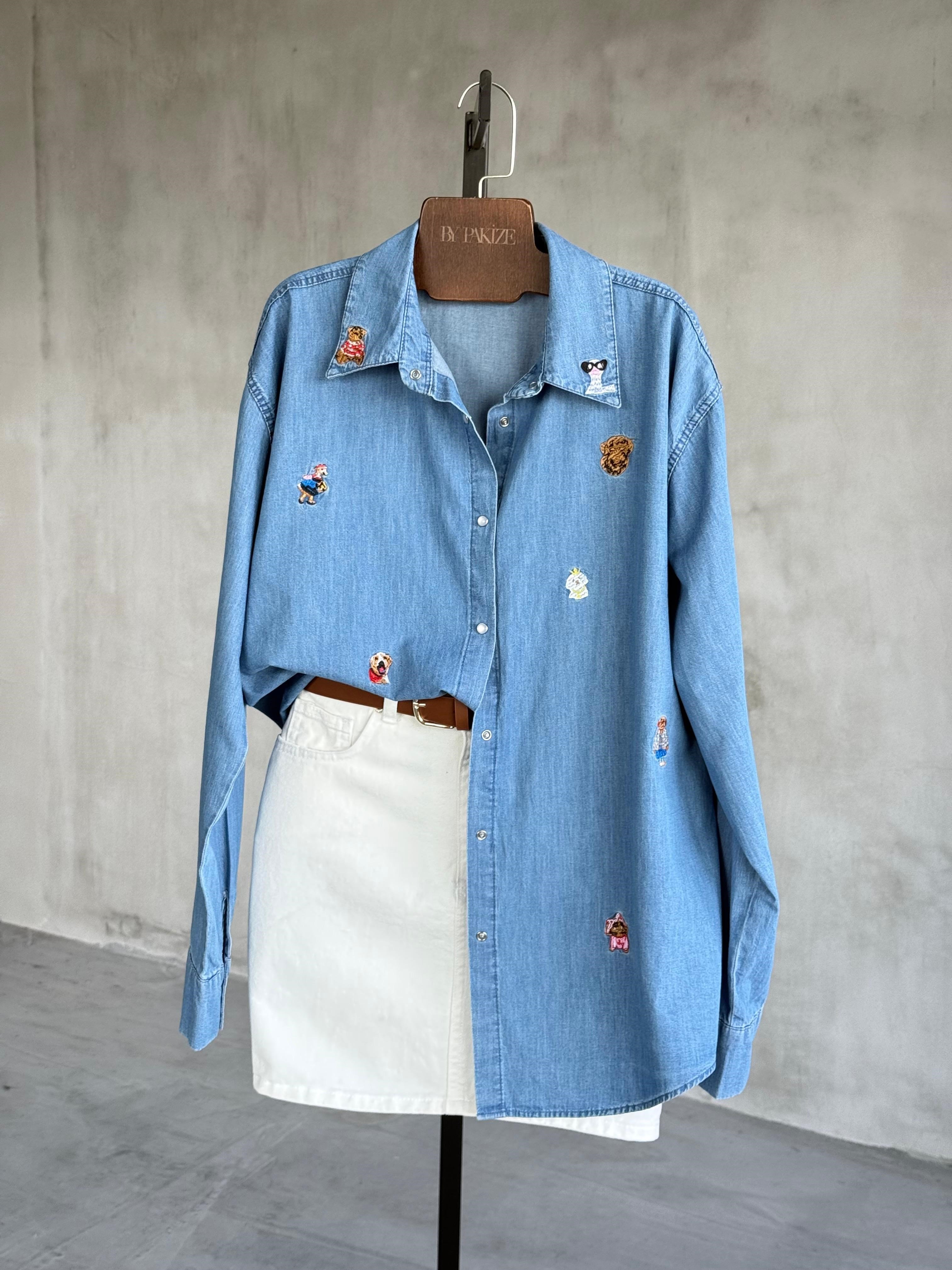 Premium Figür Nakışlı Denim Marka Model Gömlek (Mavi)