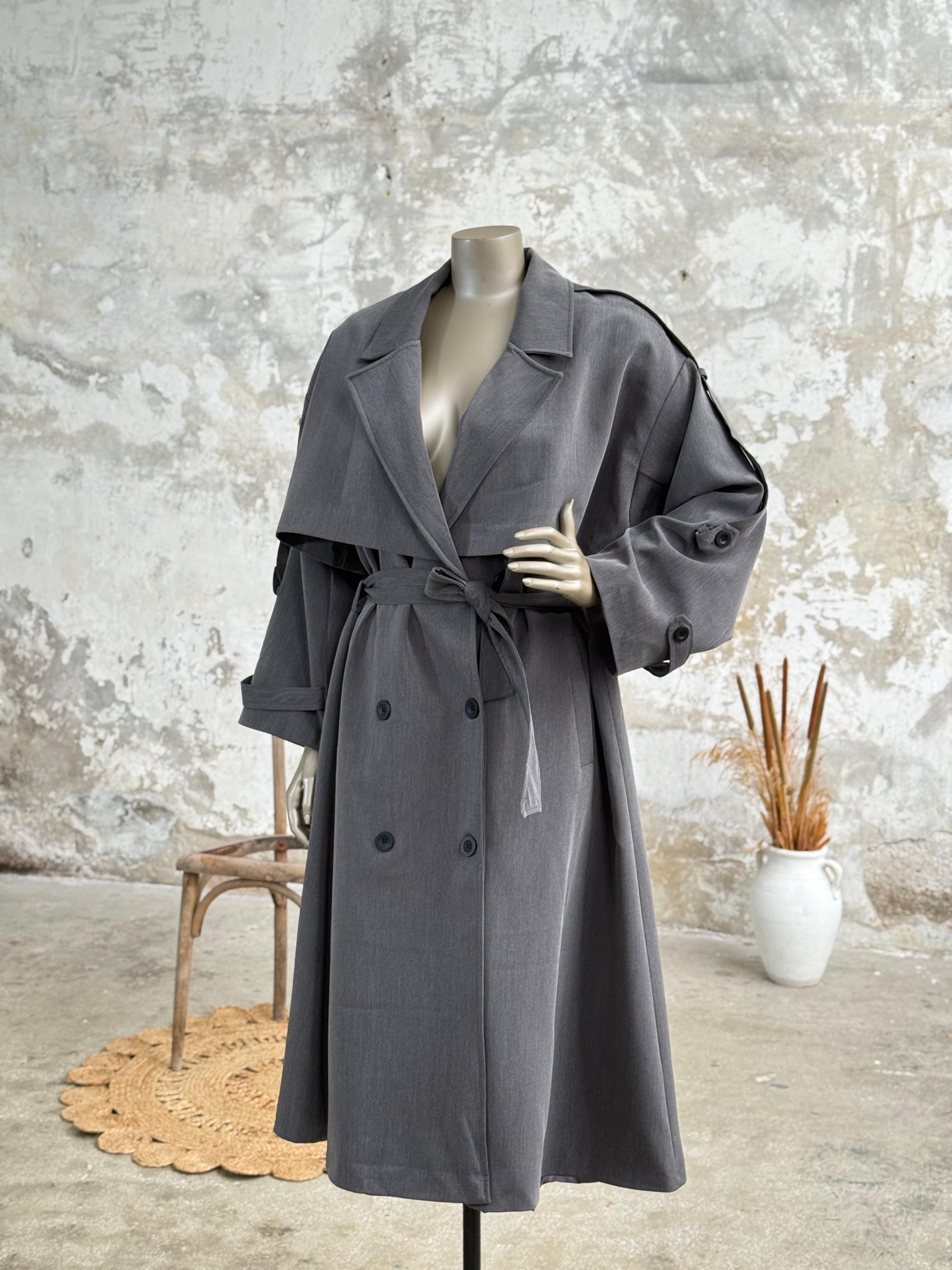 Premium Kalite Omuzu Uzun Apoletli Trençkot (Antrasit)