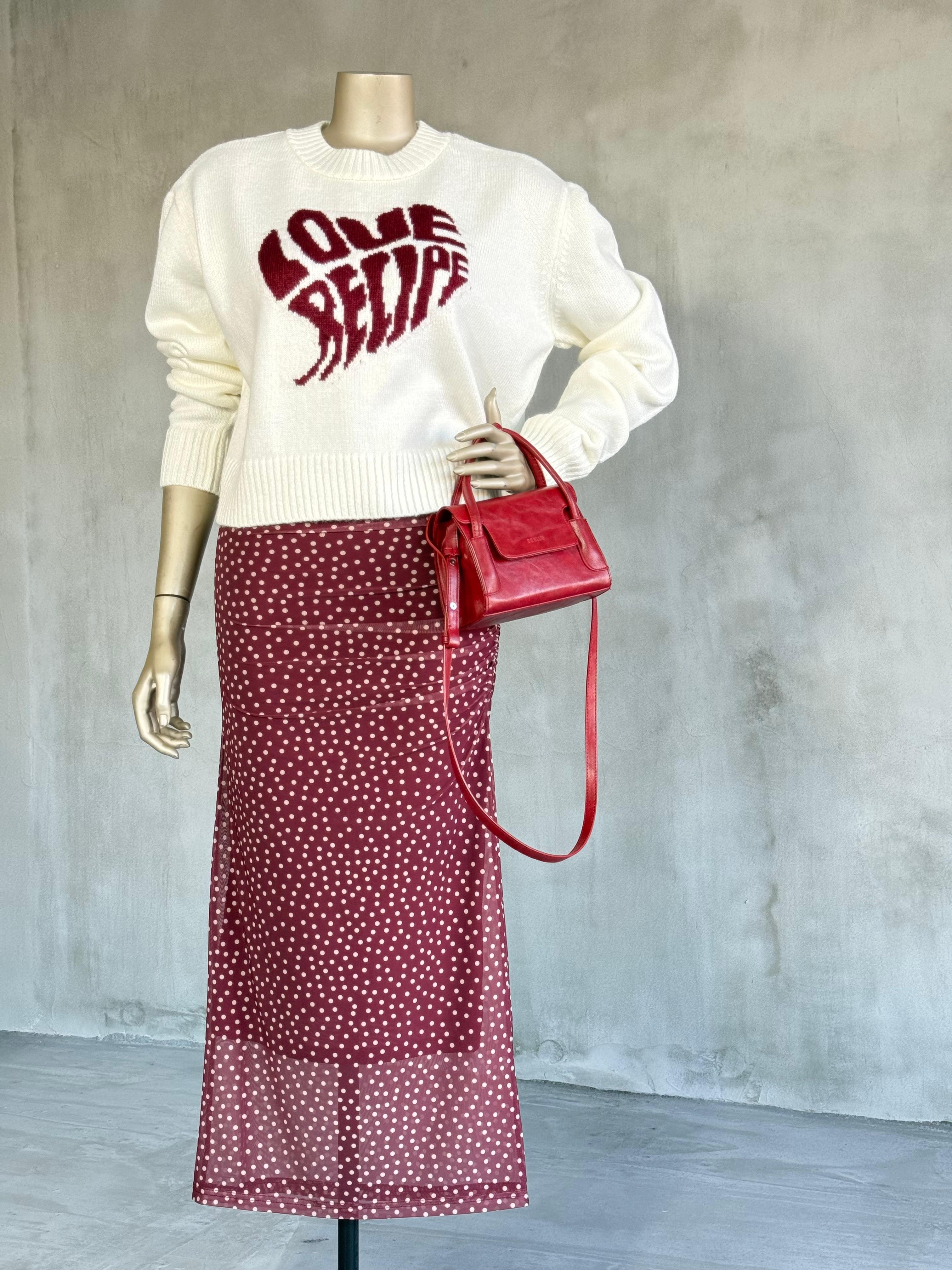 Puantiyeli Drape Detaylı Transparan Midi Etek (Mürdüm)