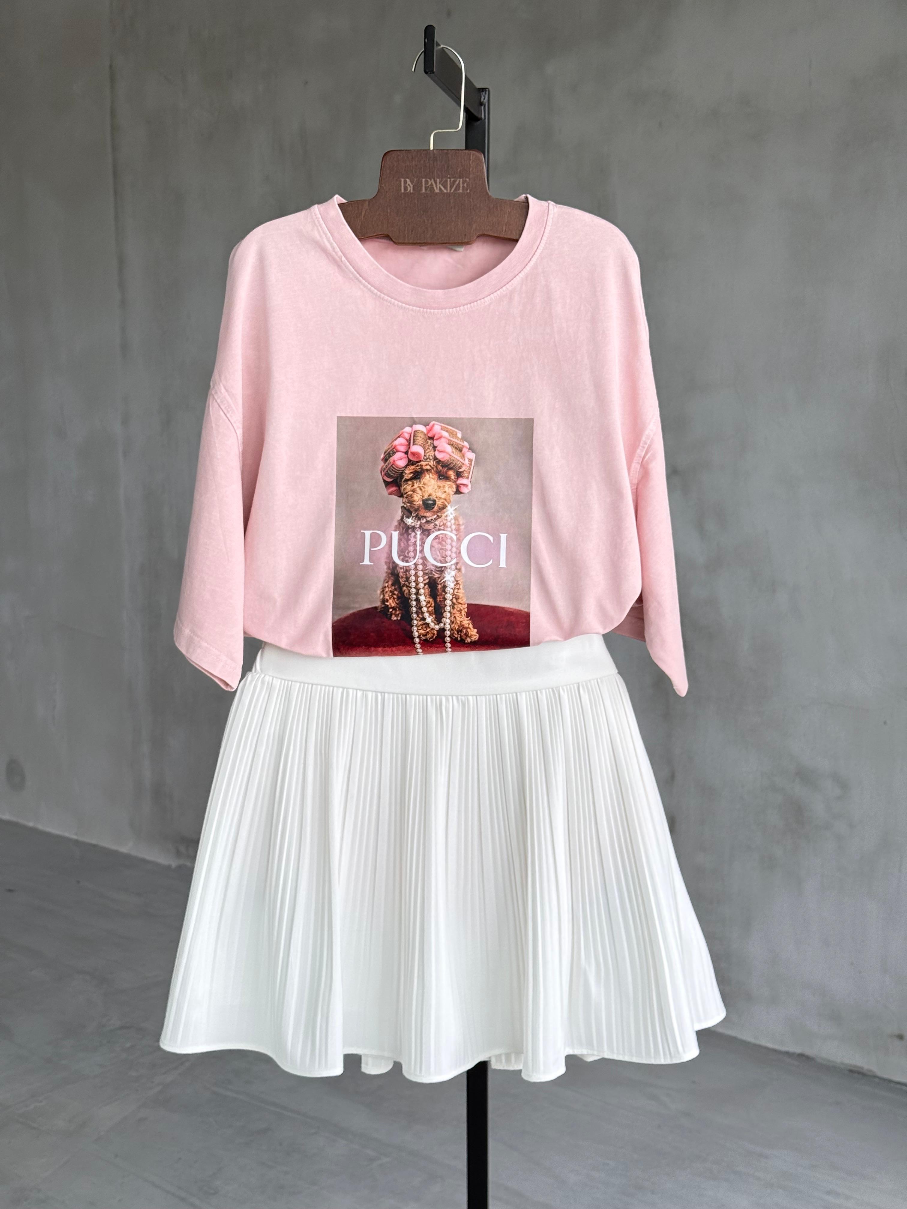 Pucci Poodle Baskılı Taş Yıkamalı Oversize Dokuma Tişört (Pudra)