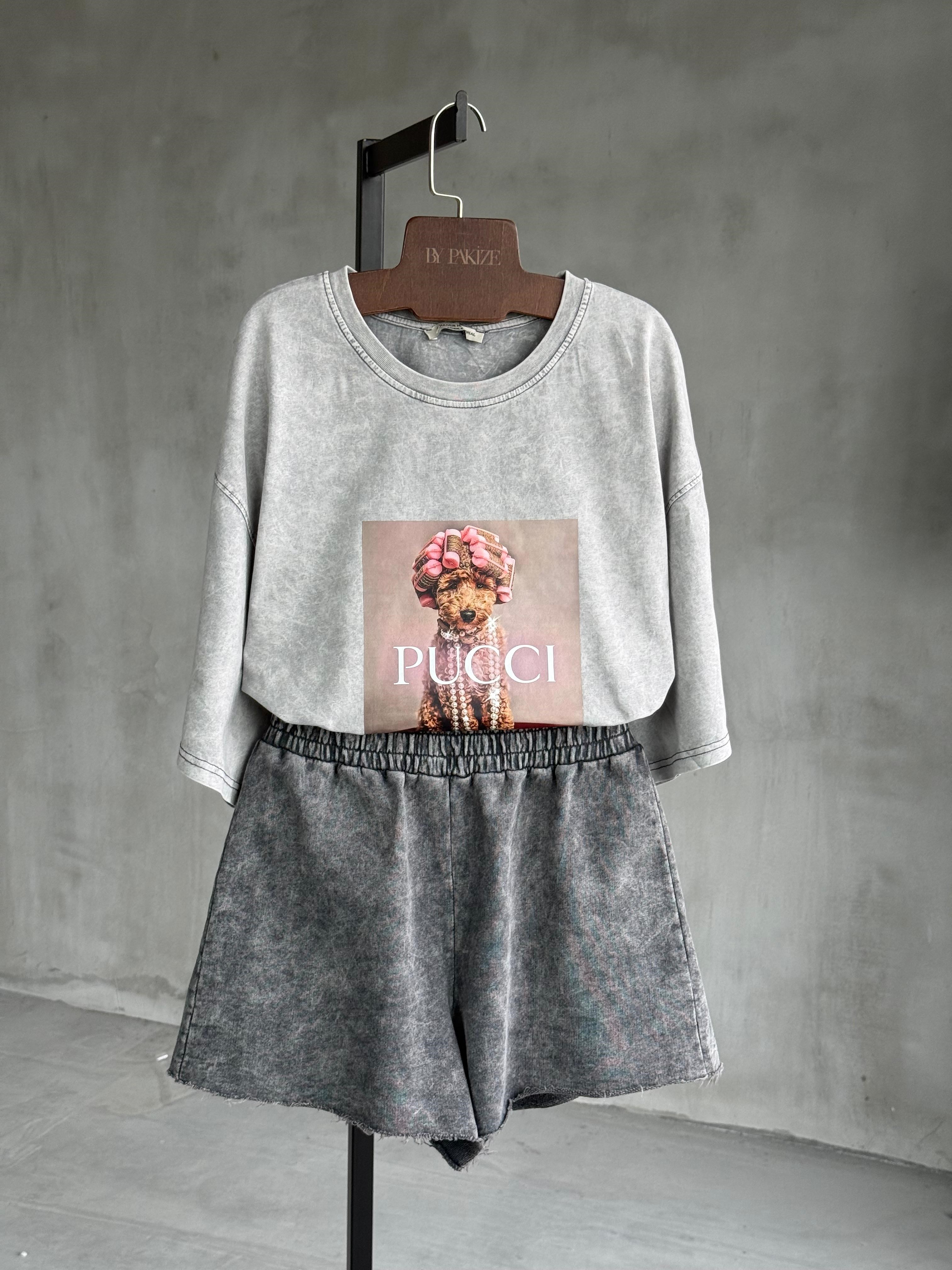 Pucci Poodle Baskılı Taş Yıkamalı Oversize Dokuma Tişört (Gri)