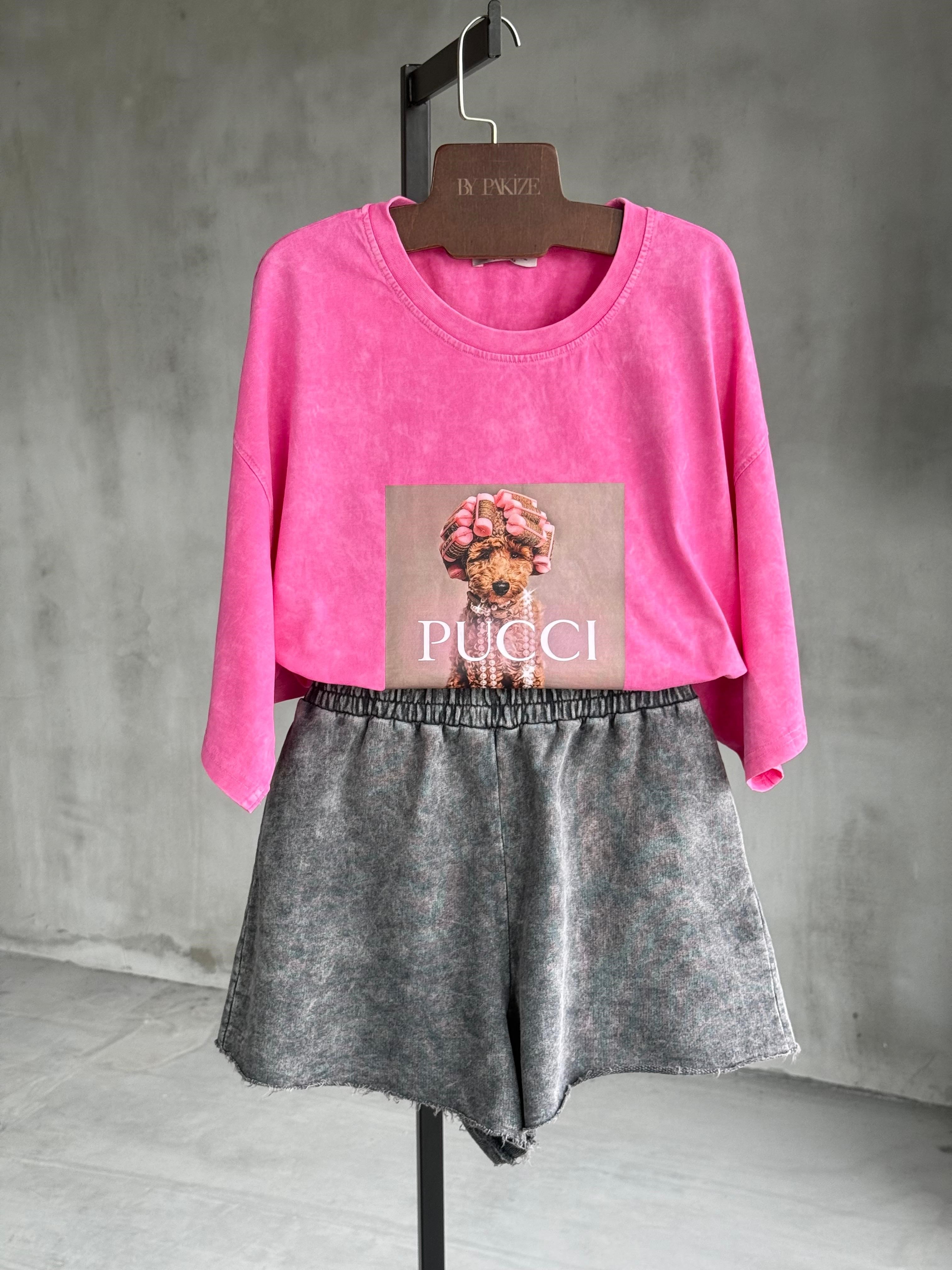 Pucci Poodle Baskılı Taş Yıkamalı Oversize Dokuma Tişört (Pembe)