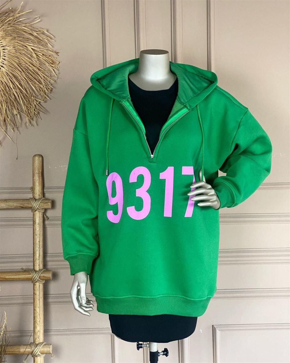 Rakam Baskılı Oversize Sweat (Yeşil)