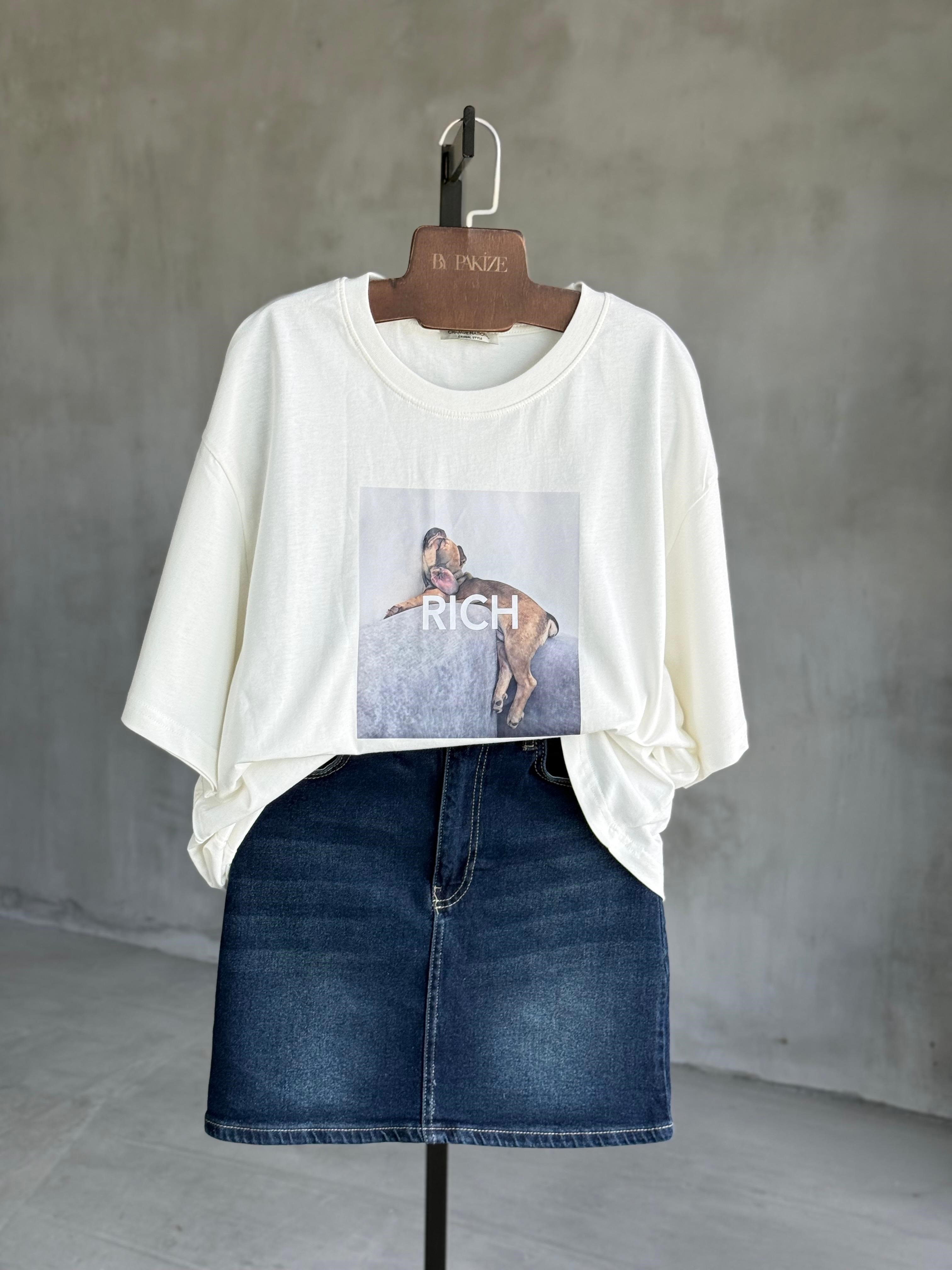 Rich Baskılı Oversize Tişört (Beyaz)