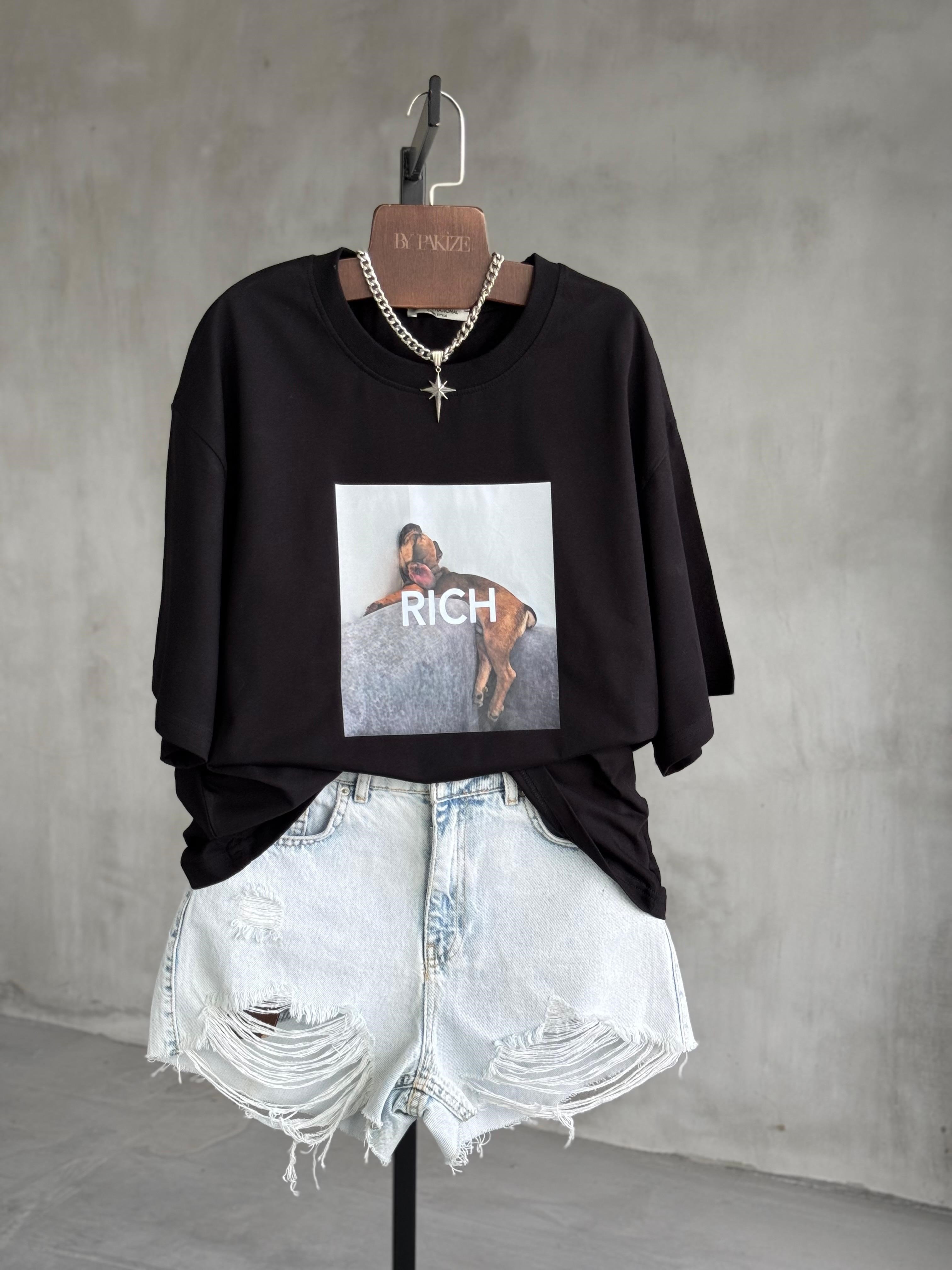 Rich Baskılı Oversize Tişört (Siyah)