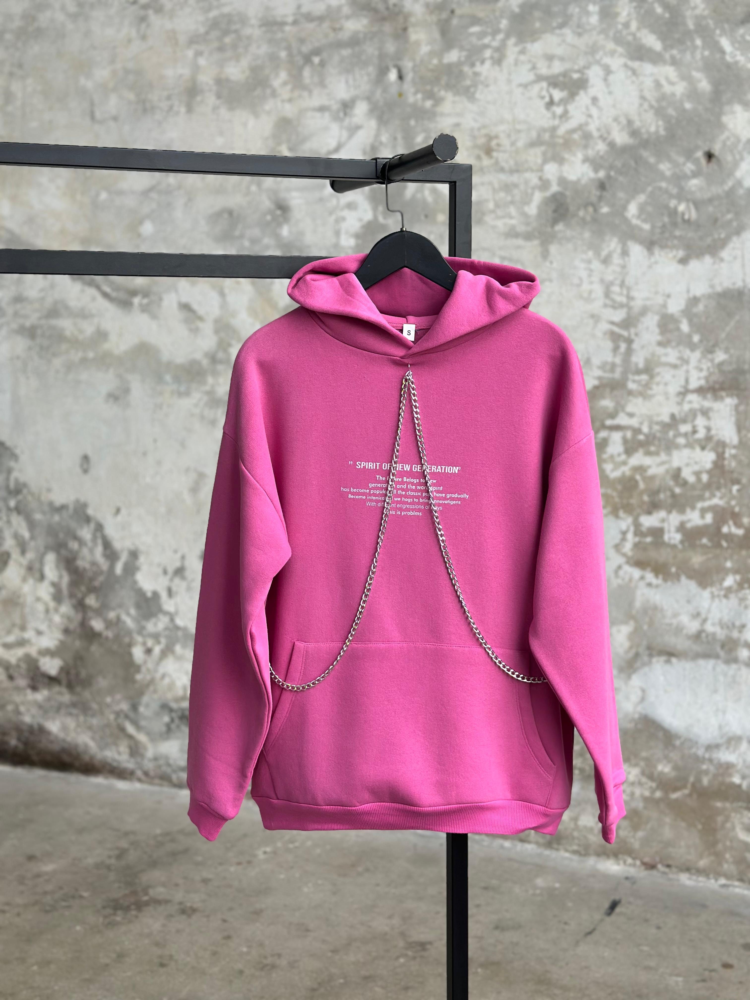 Şerit Zincir İşçilikli Yazı Baskılı Sweat (Pembe)