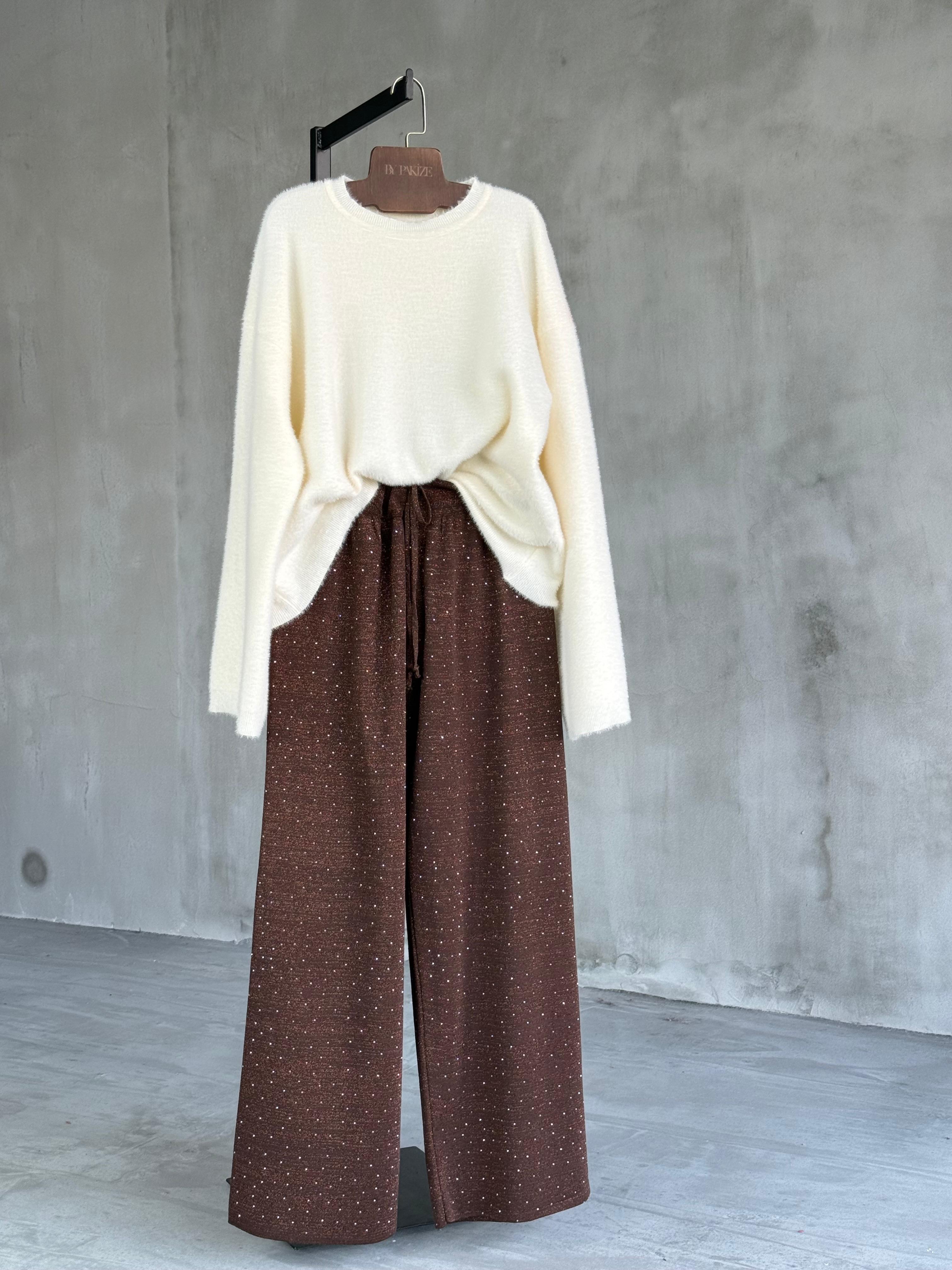 Sim Detaylı Taşlı Çelik Örgü Pantolon (Kahve)