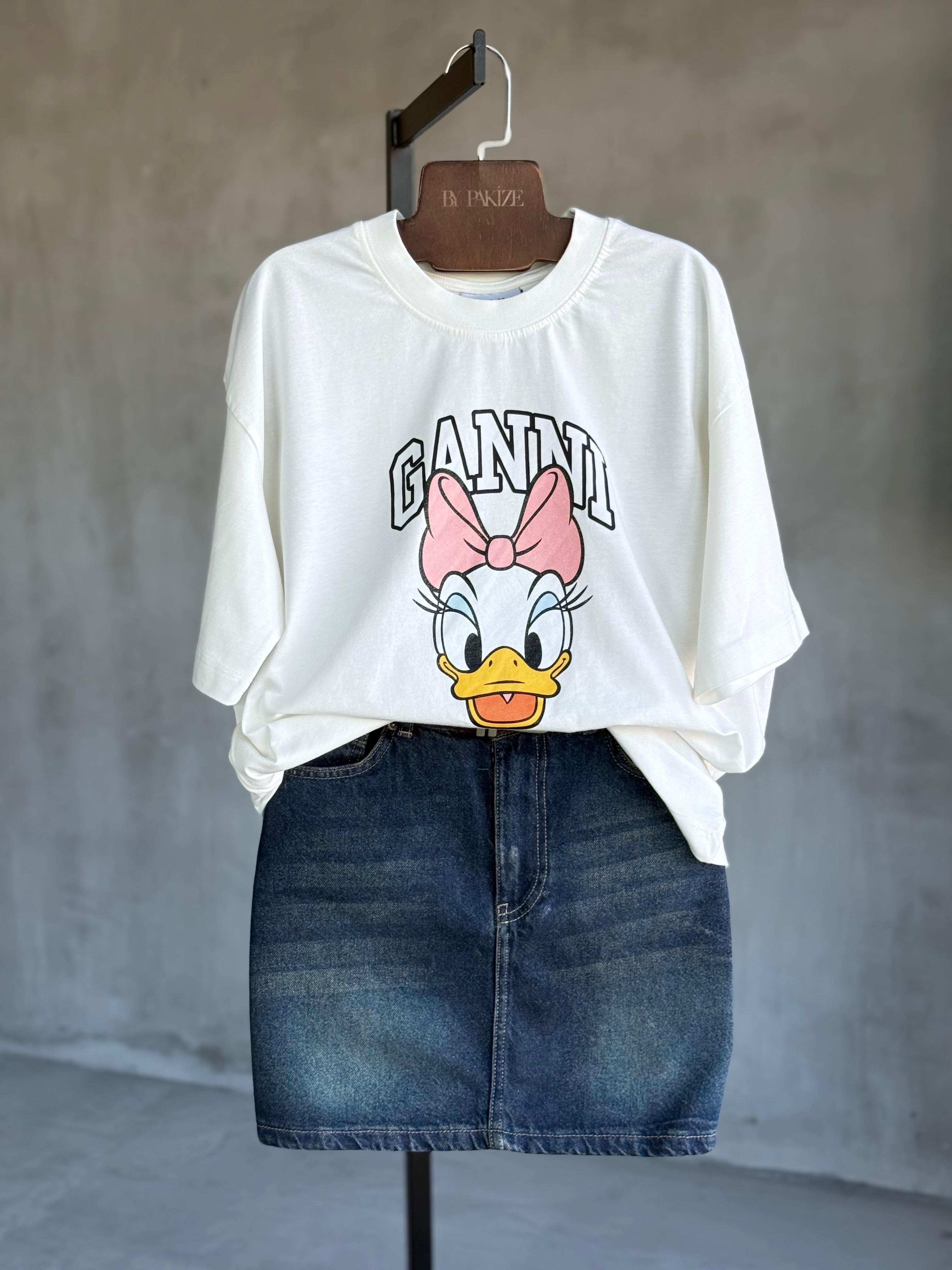 Simli Daisy Duck Baskılı Tişört (Beyaz)