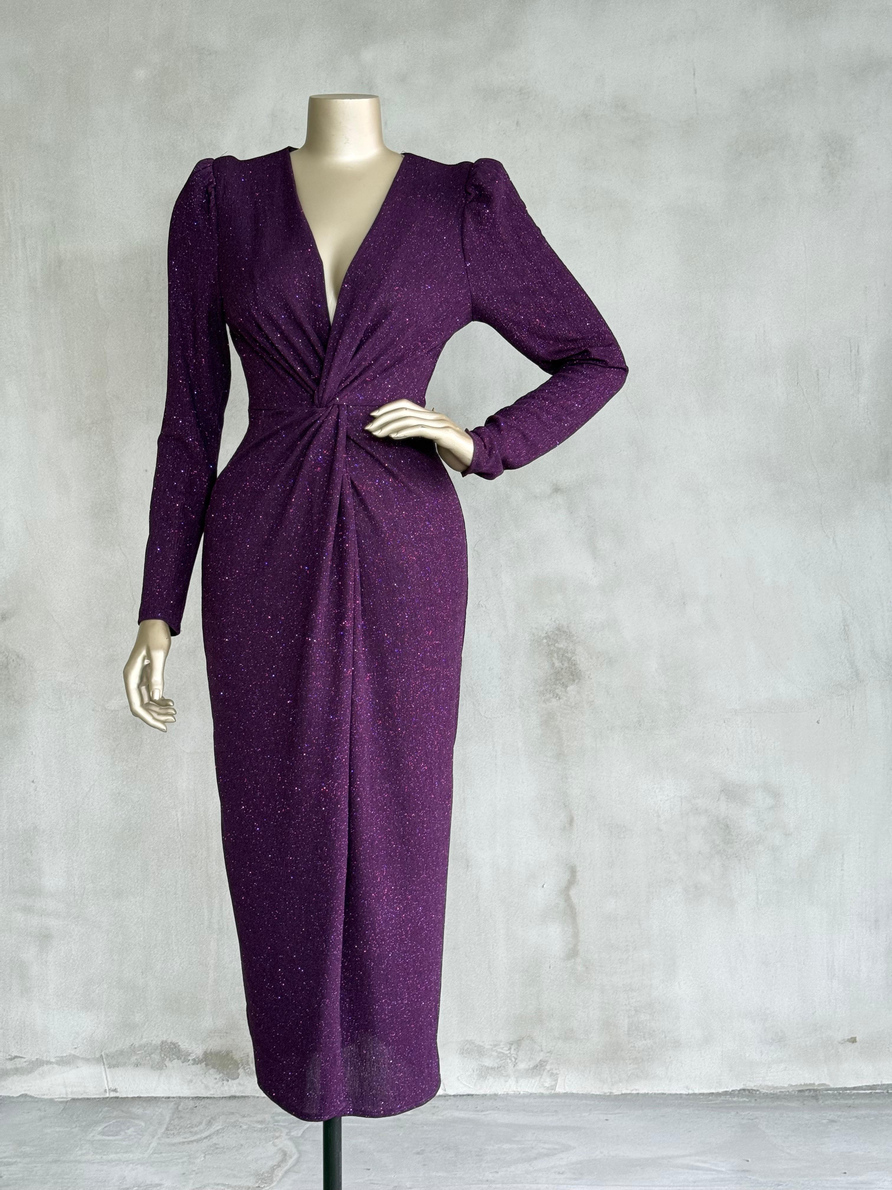 Simli Düğüm Detaylı Elbise (Mor)