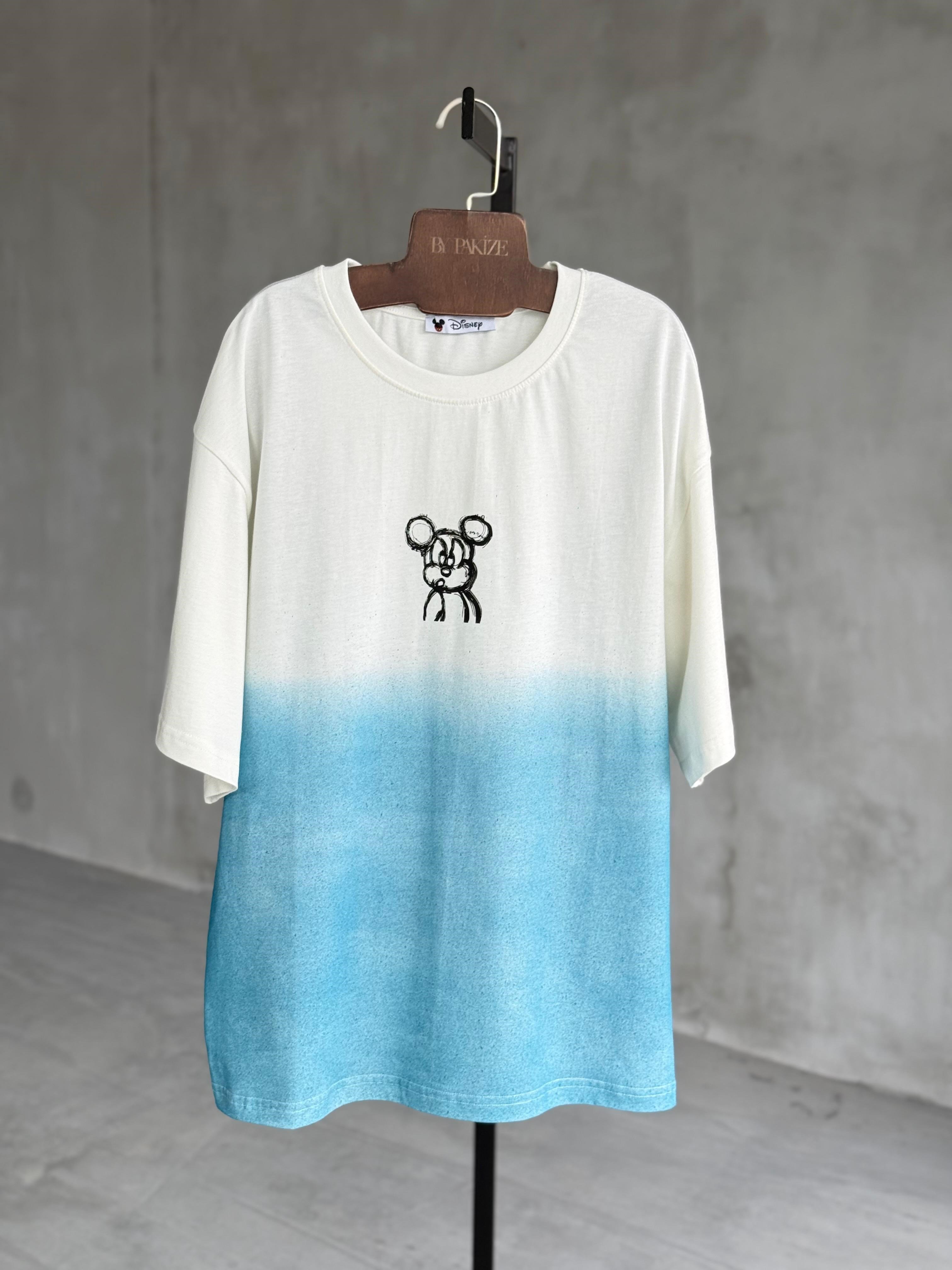 Sırt Baskı Detaylı Taş Yıkama Oversize Tişört (Mavi)