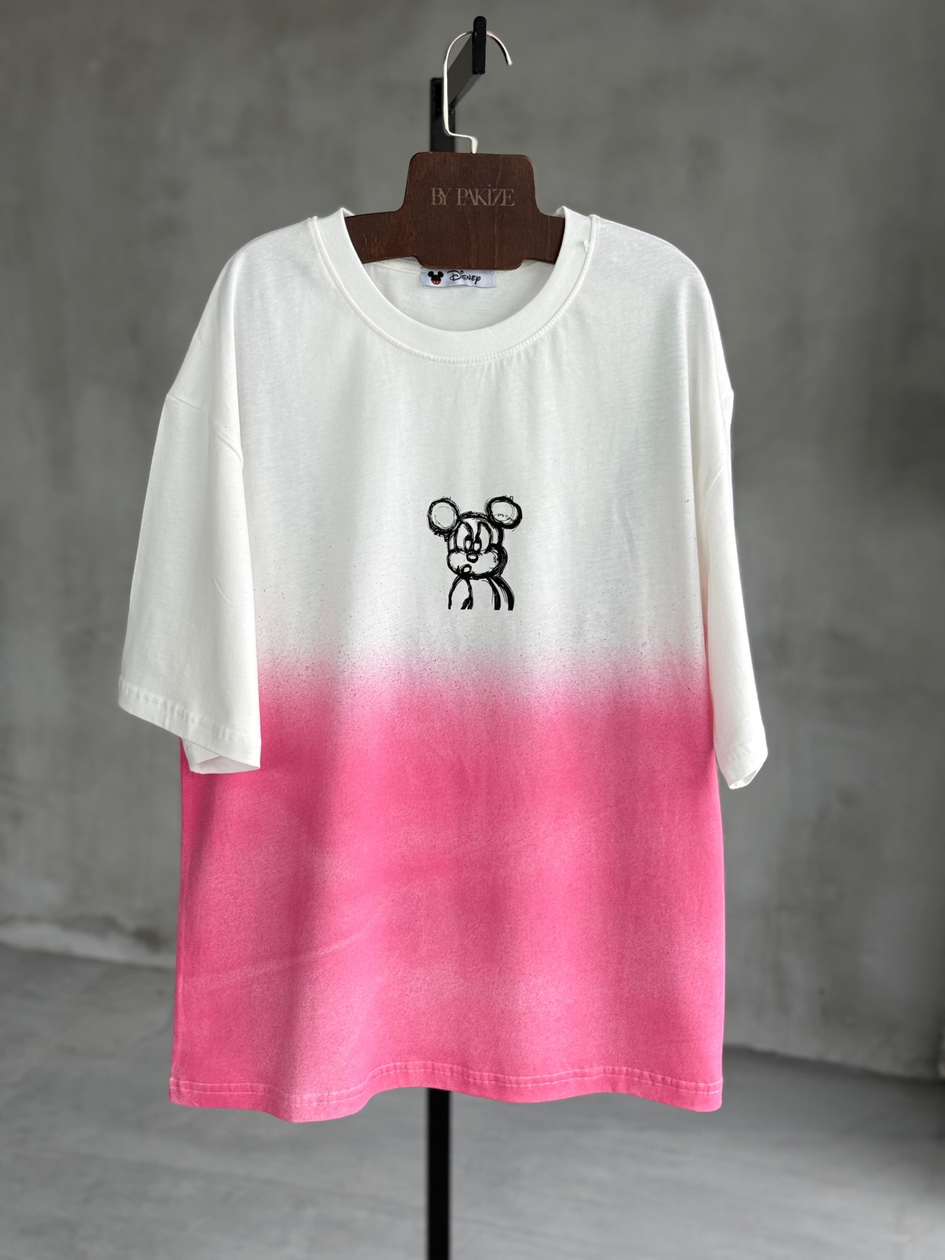 Sırt Baskı Detaylı Taş Yıkama Oversize Tişört (Pembe)