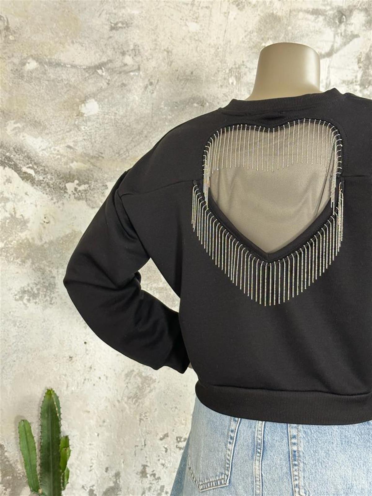 Sırt Salkım Zincir Ve Kalp Detaylı Sweat (Siyah) 