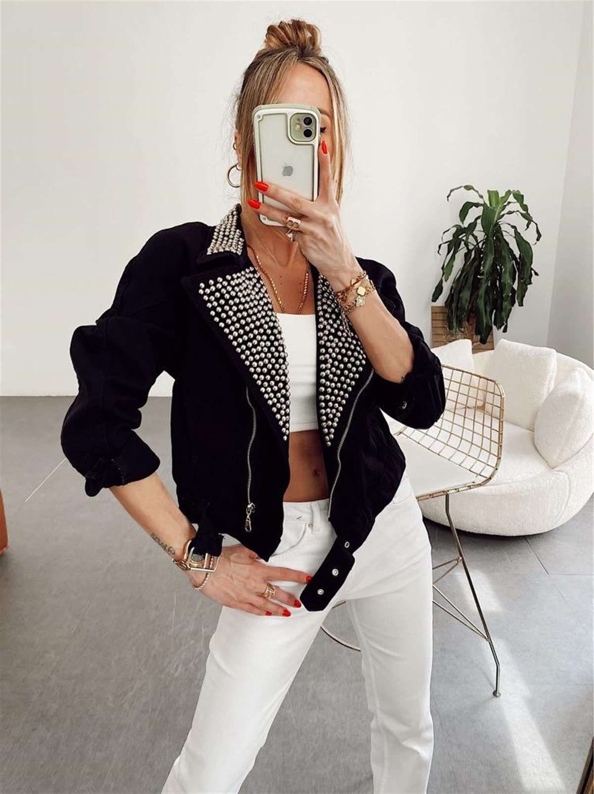 Siyah Biker Silver Zımba Detaylı Tasarım Penny Jean Ceket