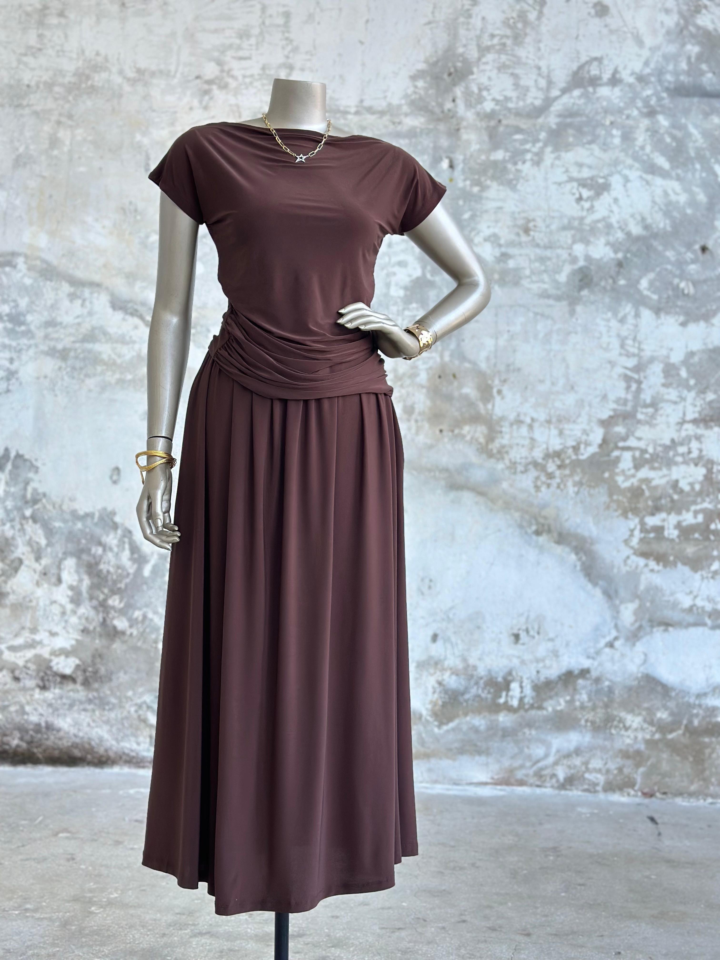 Süprem Kumaş Drape Detaylı Takım (Acı Kahve)