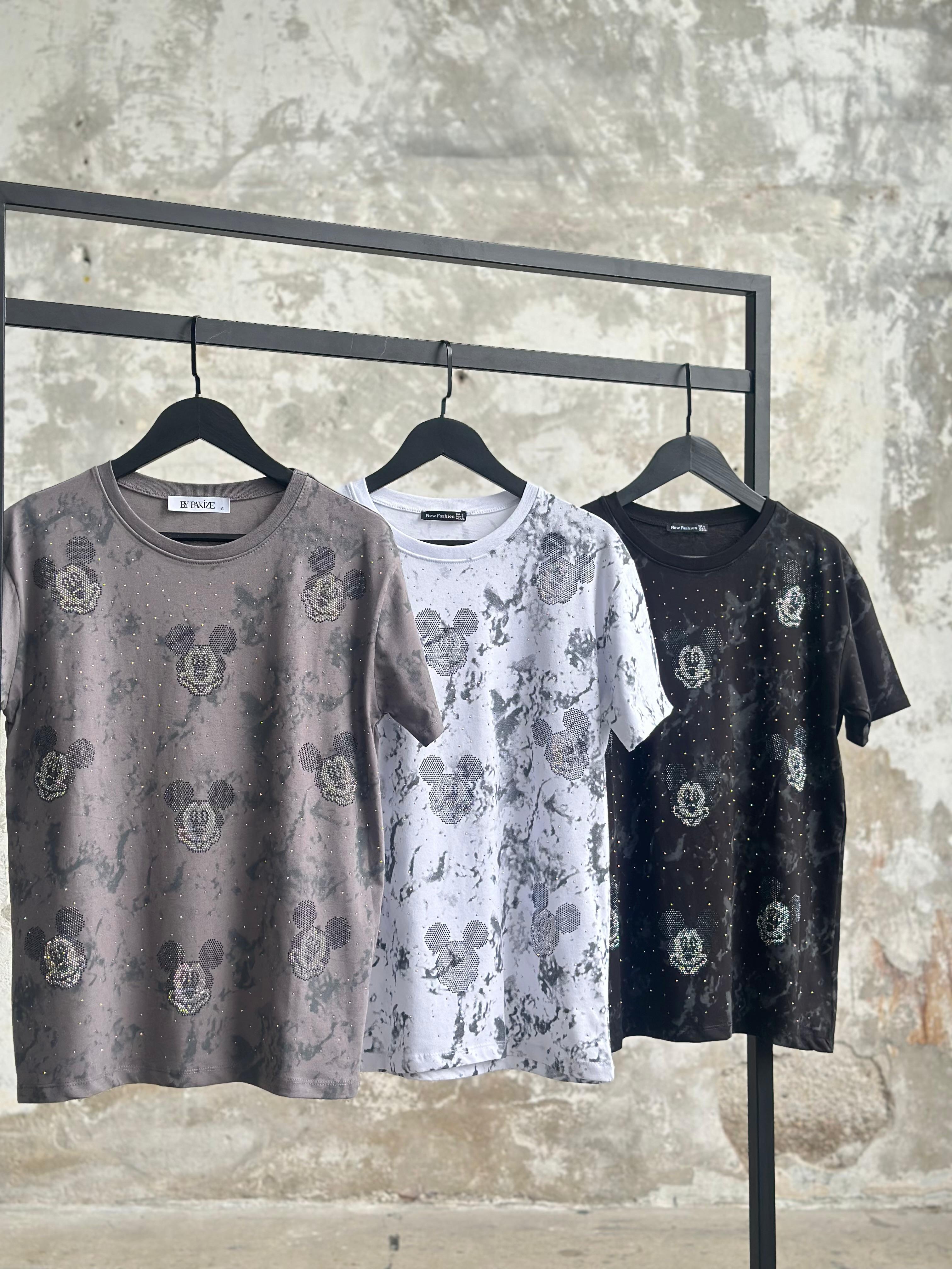 Taş İşçilikli Mickey Mause İşlemeli Tişört (Gri/Beyaz/Siyah)