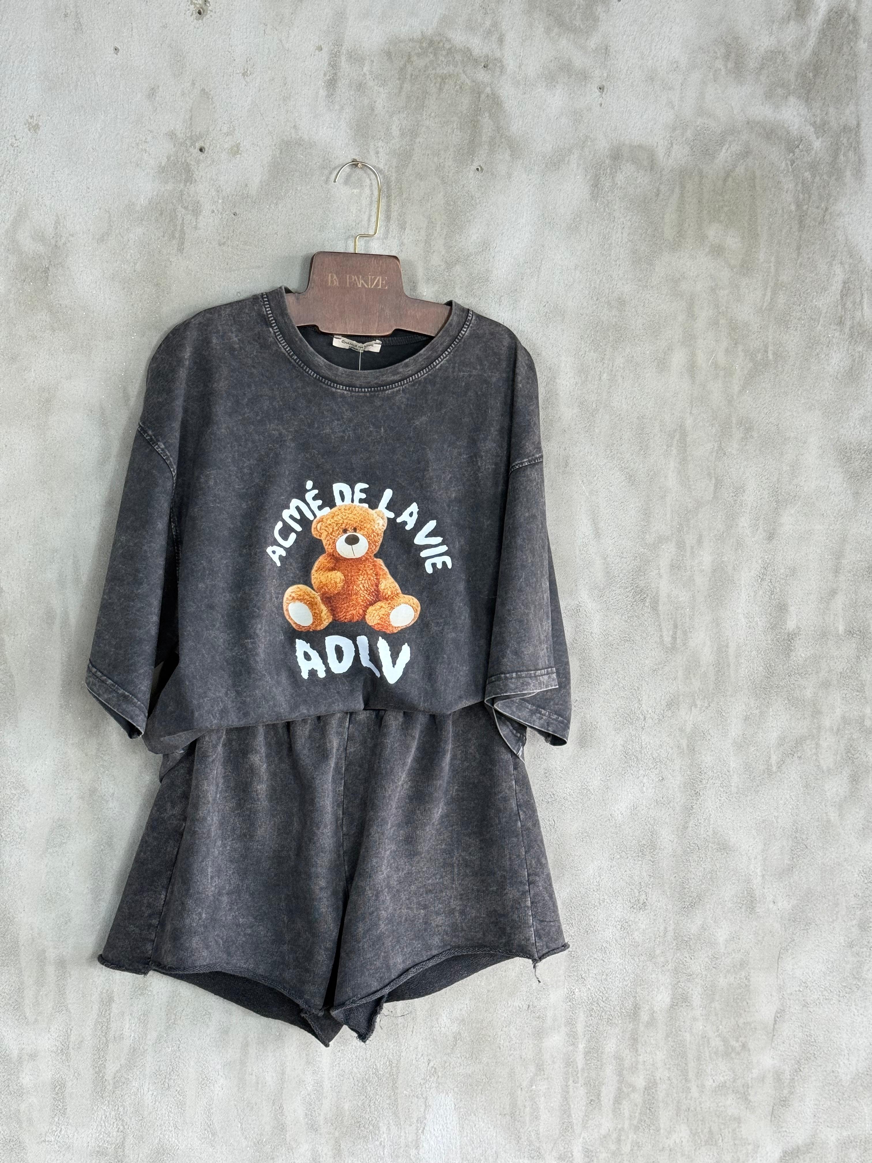 Taş Yıkamalı Ayıcık Baskılı Oversize Dokuma Tişört (Antrasit)