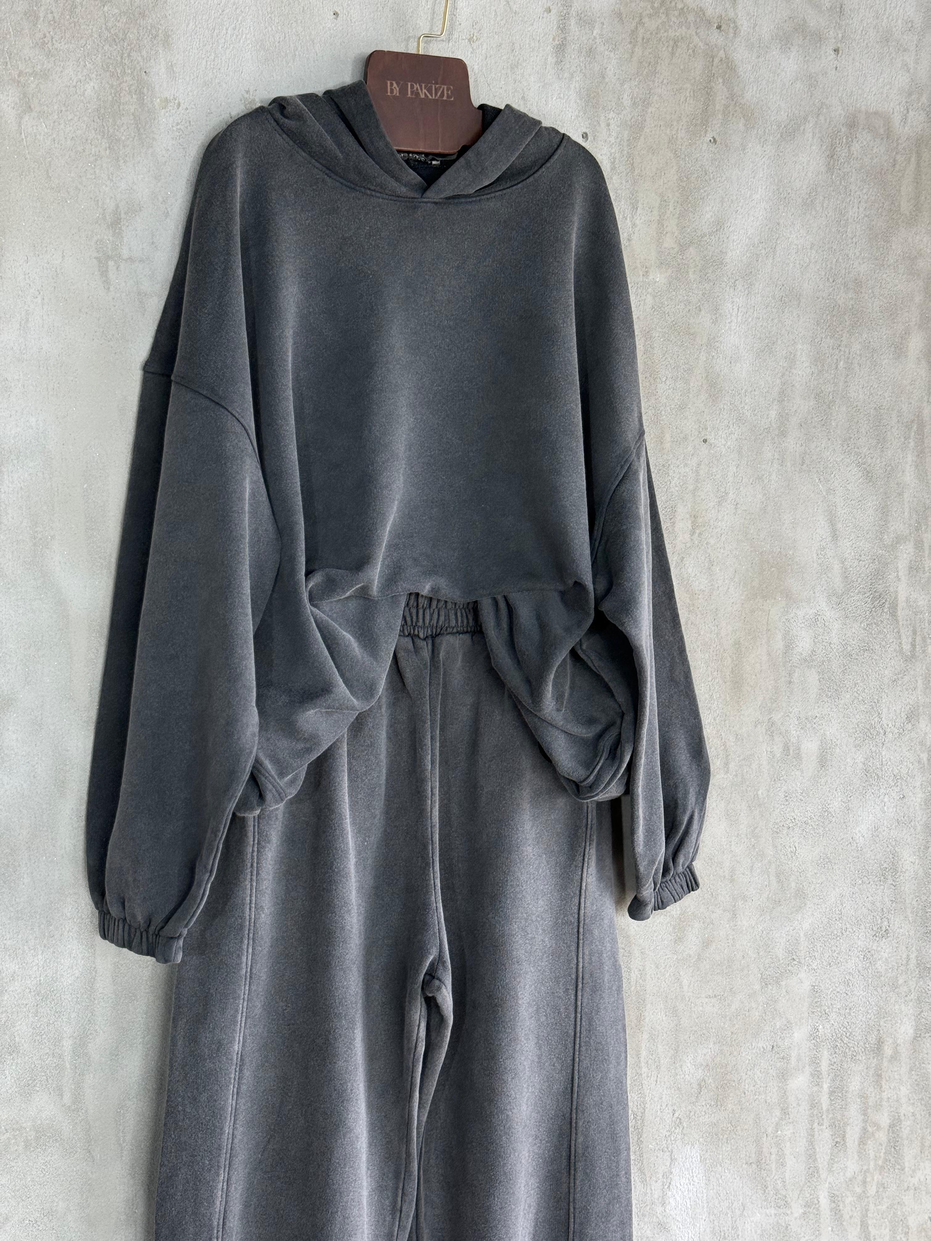 Taş Yıkamalı Büzgü Detay Oversize Sweat (Antrasit)