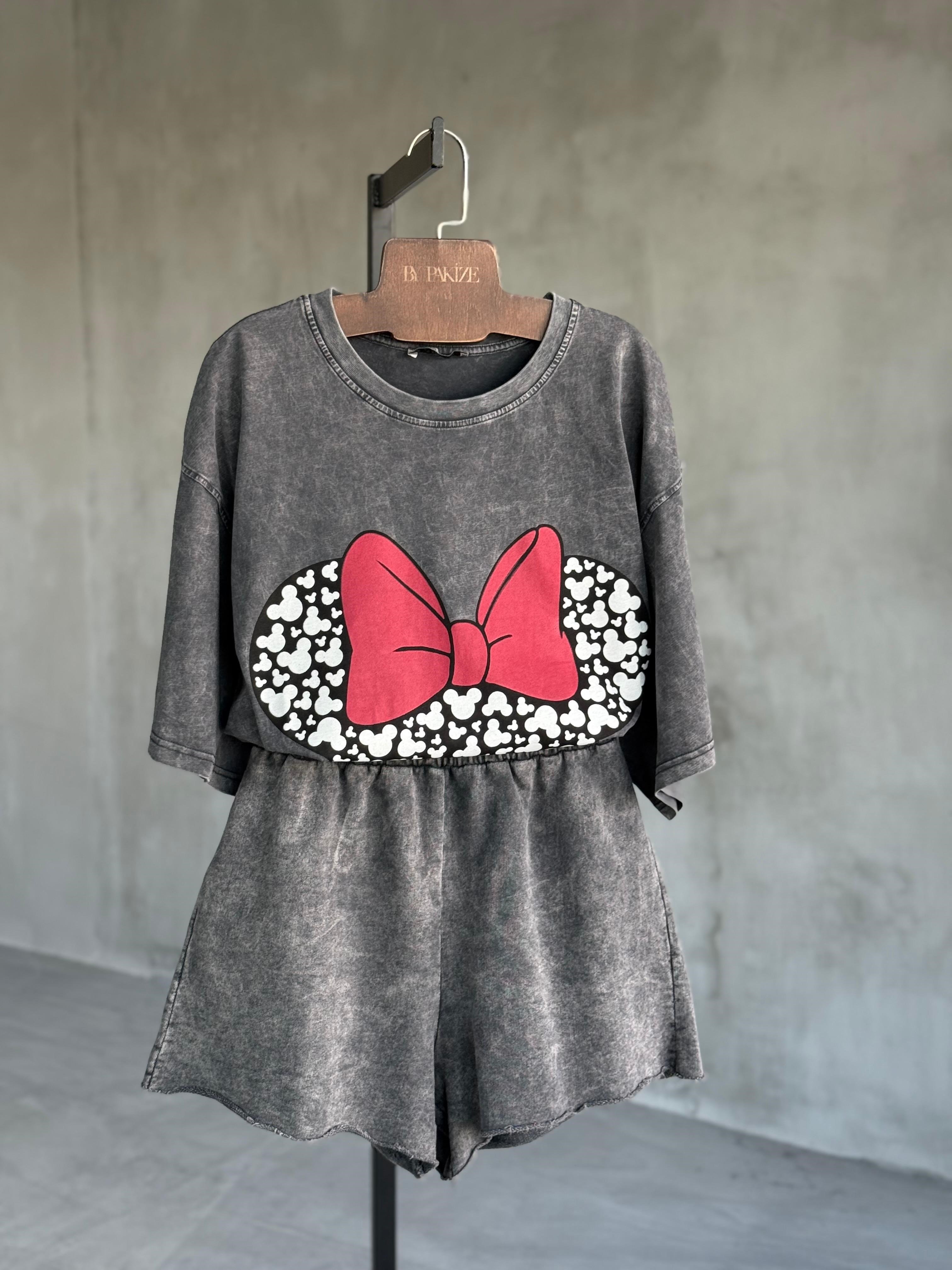 Taş Yıkamalı Kurdale Mickey Baskılı Dokuma TAKIM (Antrasit)