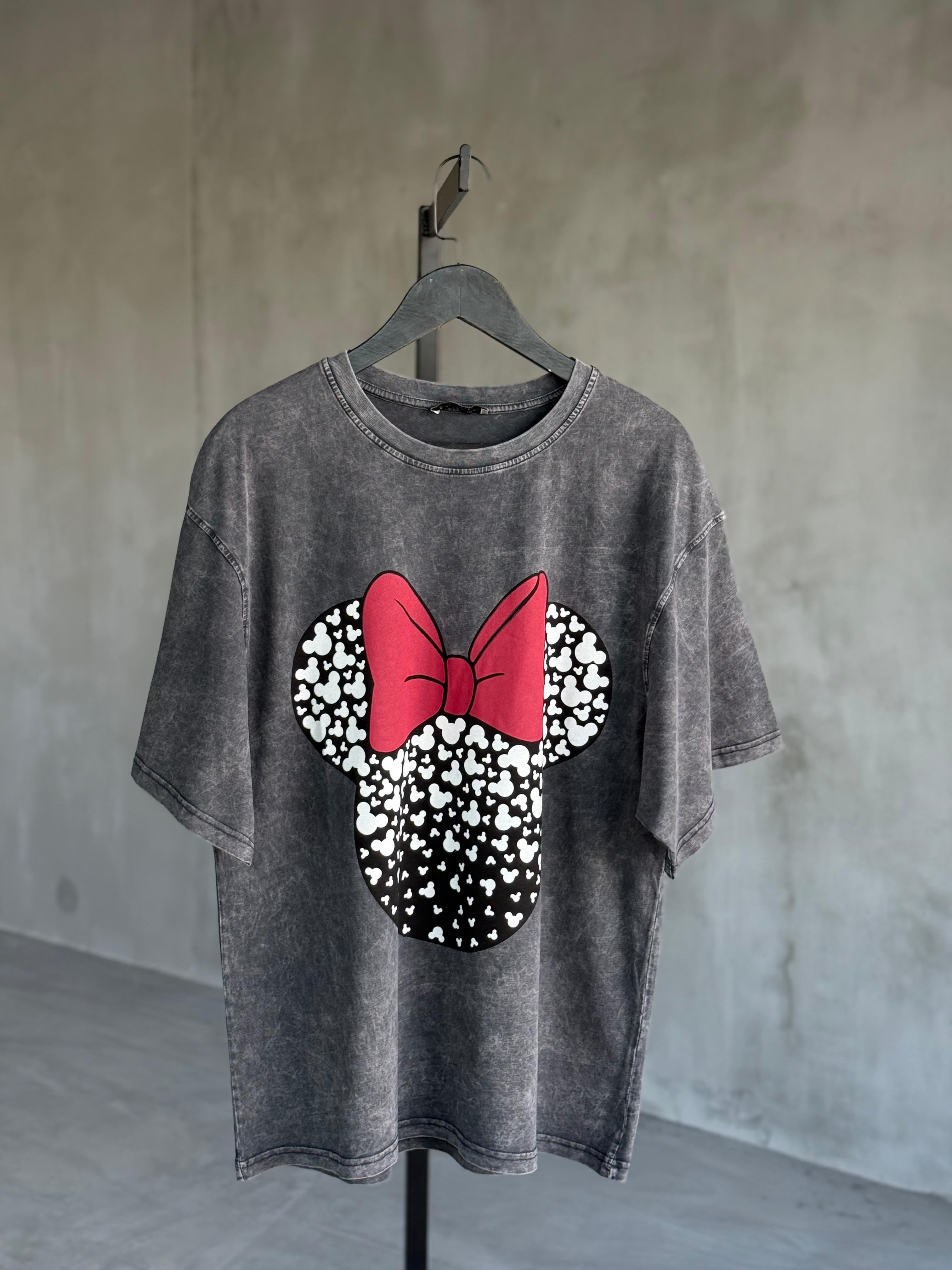 Taş Yıkamalı Kurdale Mickey Baskılı Dokuma Tişört  (Antrasit)