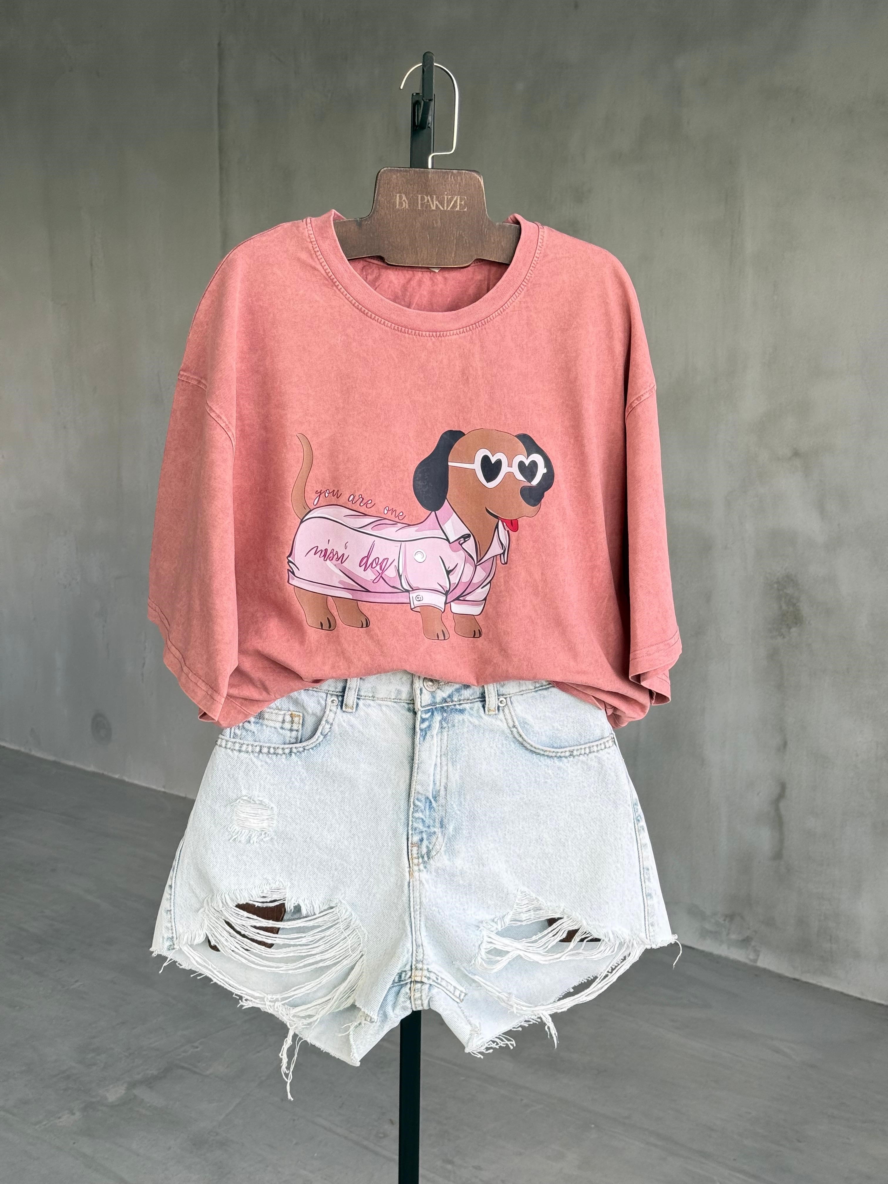 Taş Yıkamalı Oversize Gözlüklü Köpek Baskılı Dokuma Tişört (Kiremit)