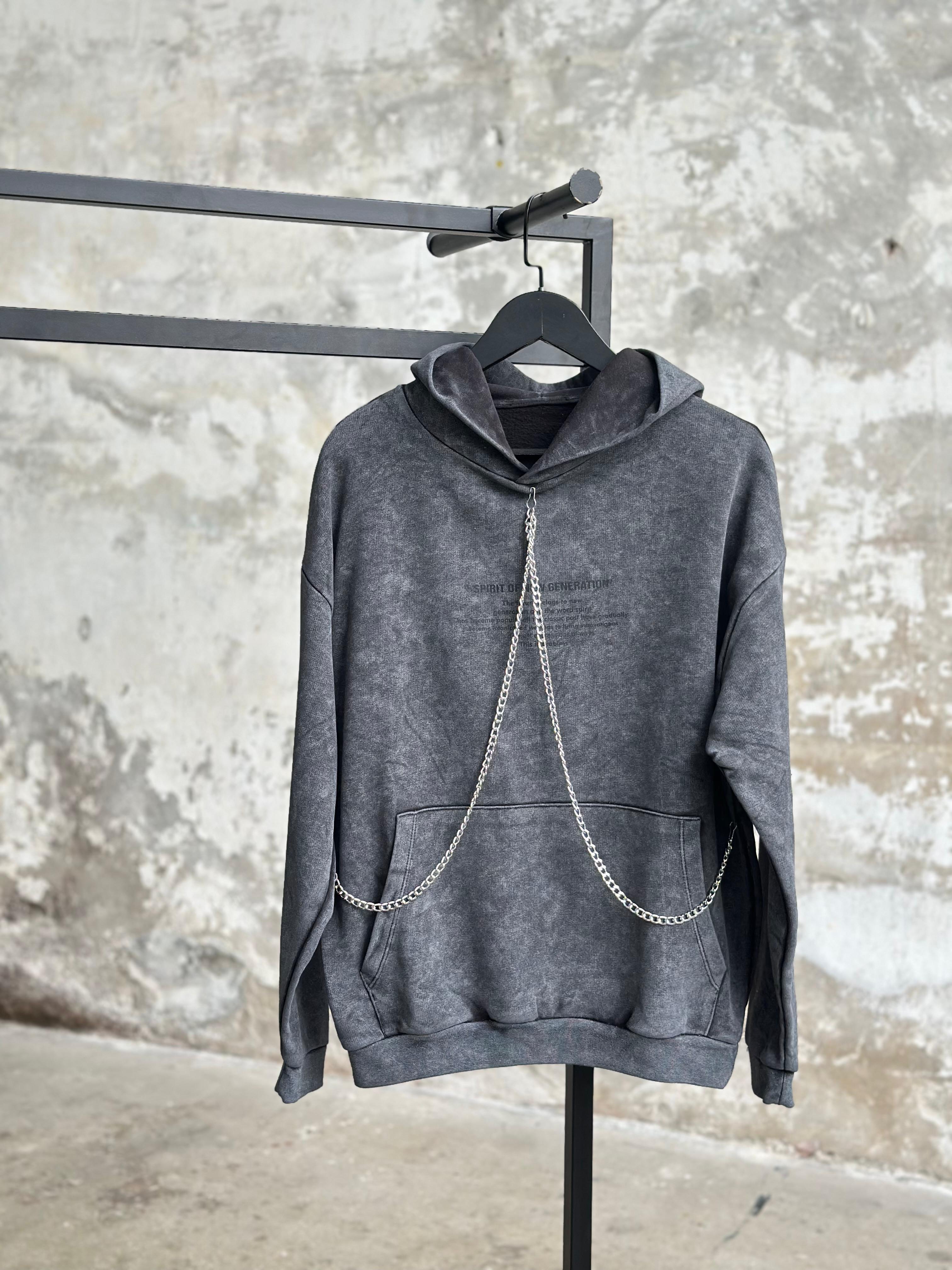 Taş Yıkamalı Şerit Zincir İşçilikli Yazı Baskılı Sweat (Antrasit)