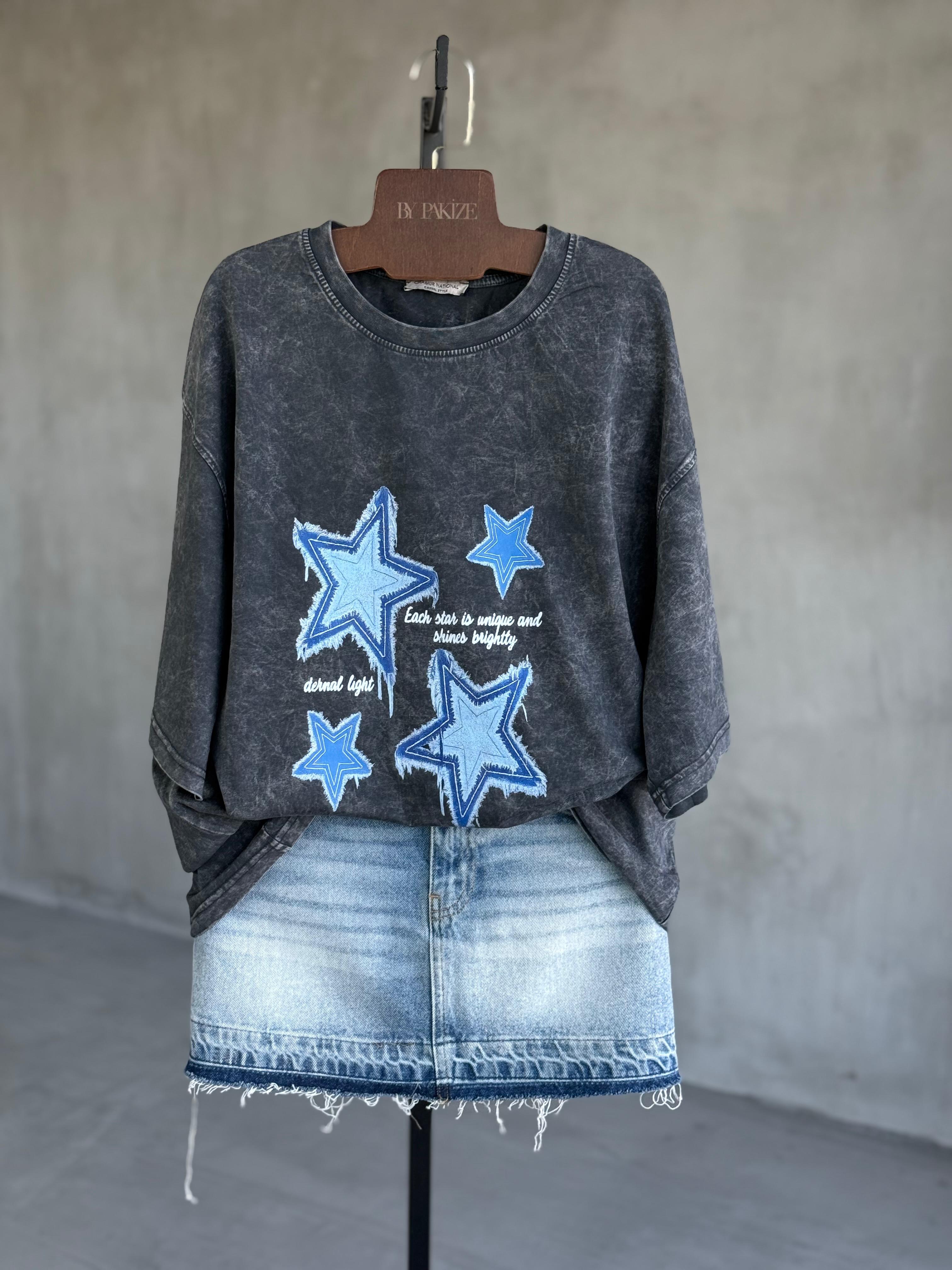 Taş Yıkamalı Yıldız Baskılı Oversize Tişört (Antrasit)
