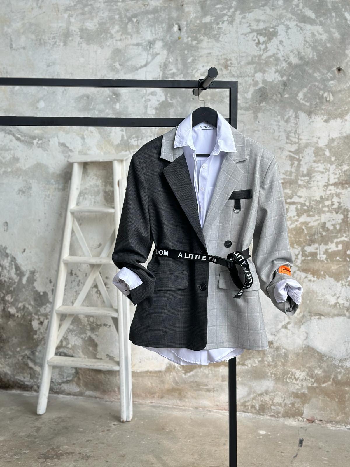 Tasarım Çift Renkli Belli Kemerli Blazer Ceket (Gri)