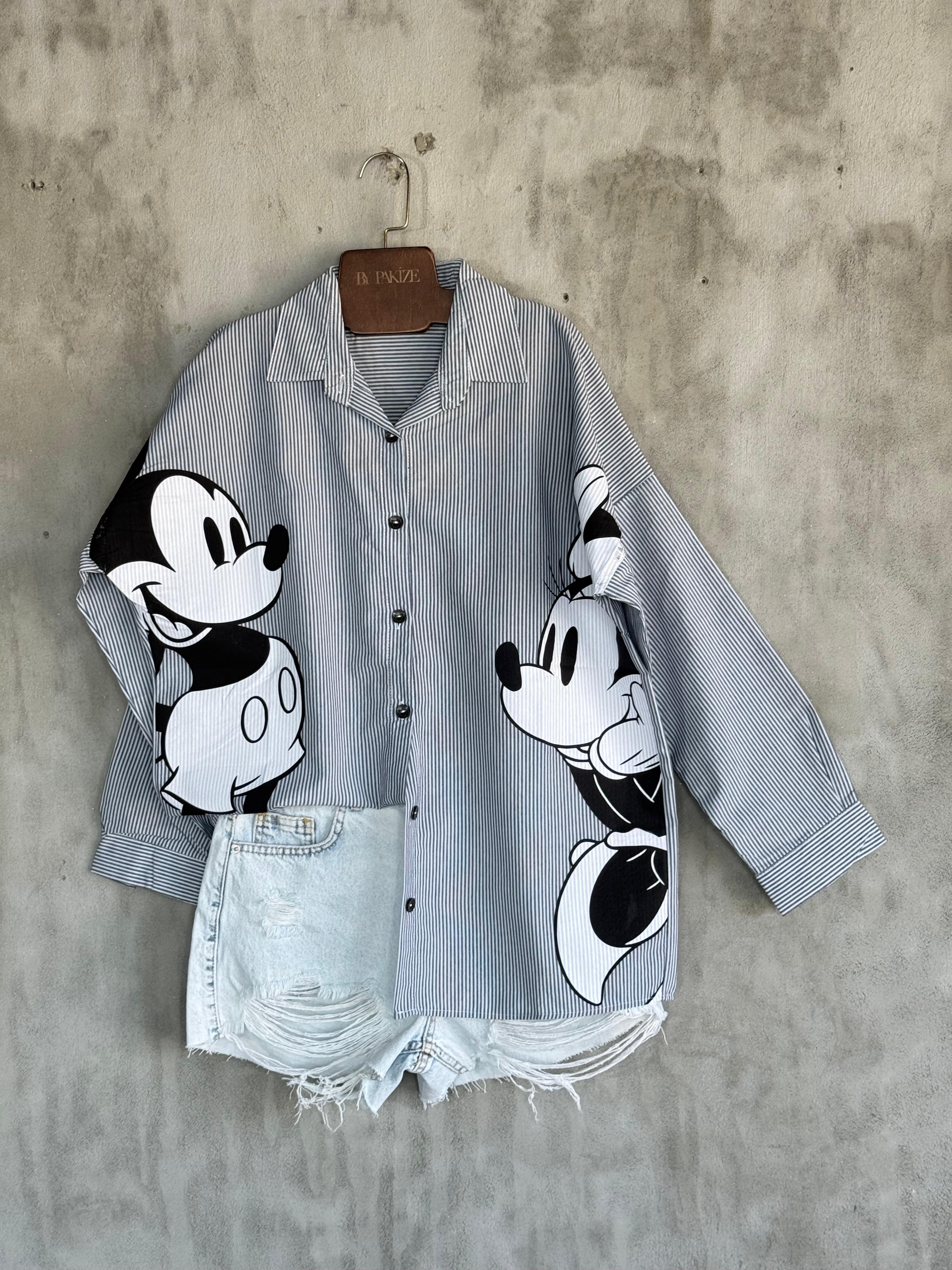Tasarım Çizgili Mickey Mause Baskılı Boyfriend Gömlek (Antrasit)
