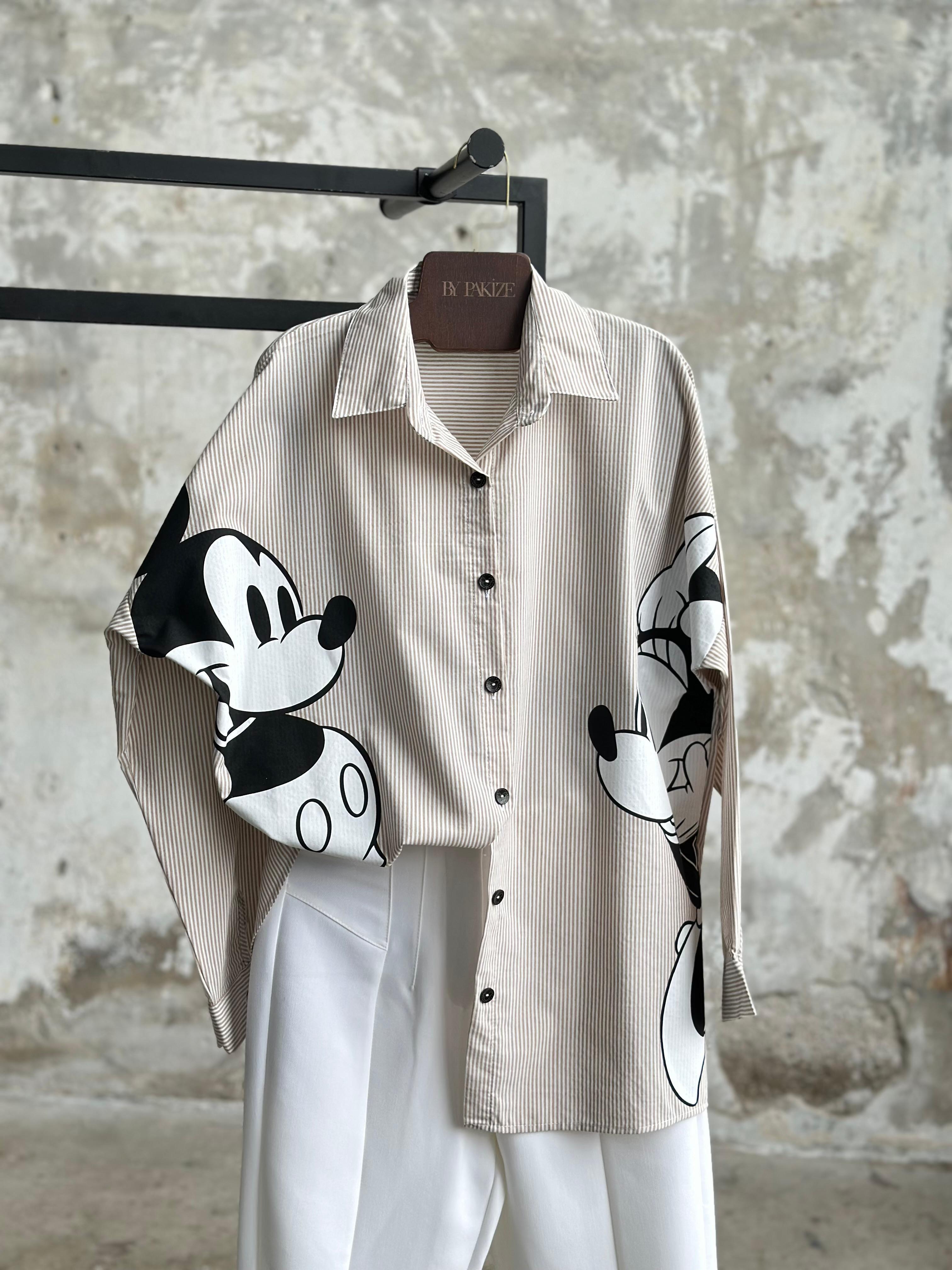 Tasarım Çizgili Mickey Mause Baskılı Boyfriend Gömlek (Bej)