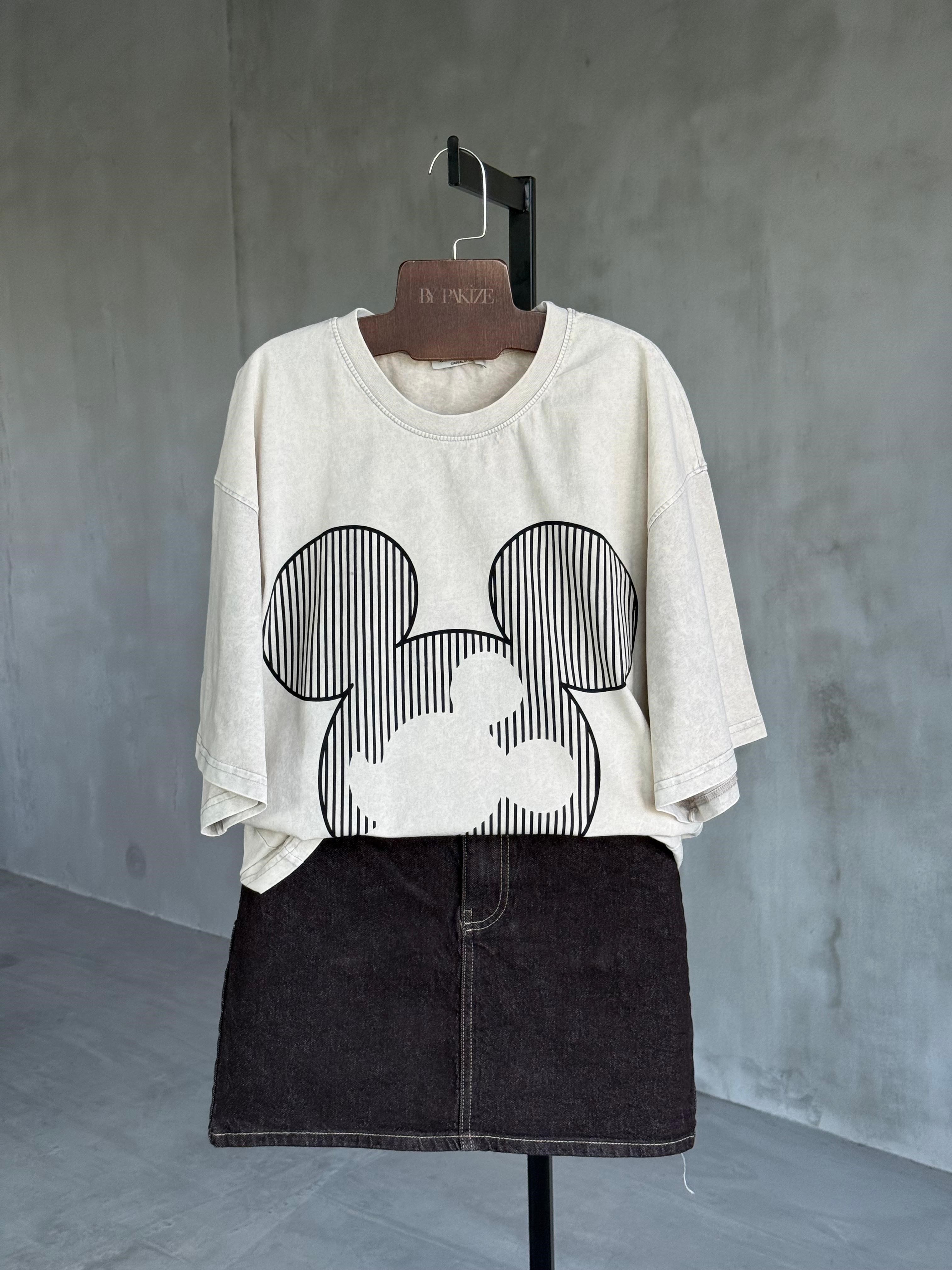 Tasarım Çizgili Mickey Taş Yıkama Oversize Dokuma Tişört (Taş)