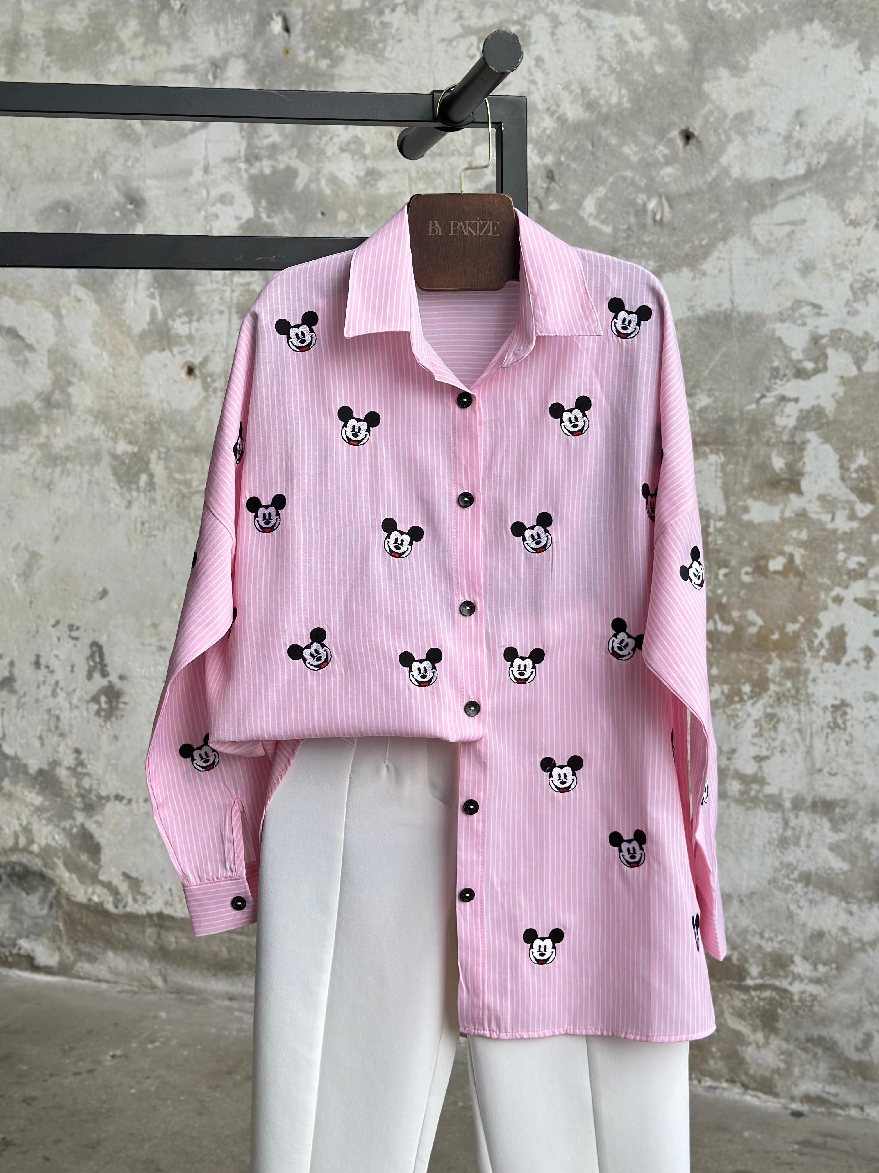 Tasarım Ful Nakış İşcilikli Mickey Mause Gömlek   (Pembe)