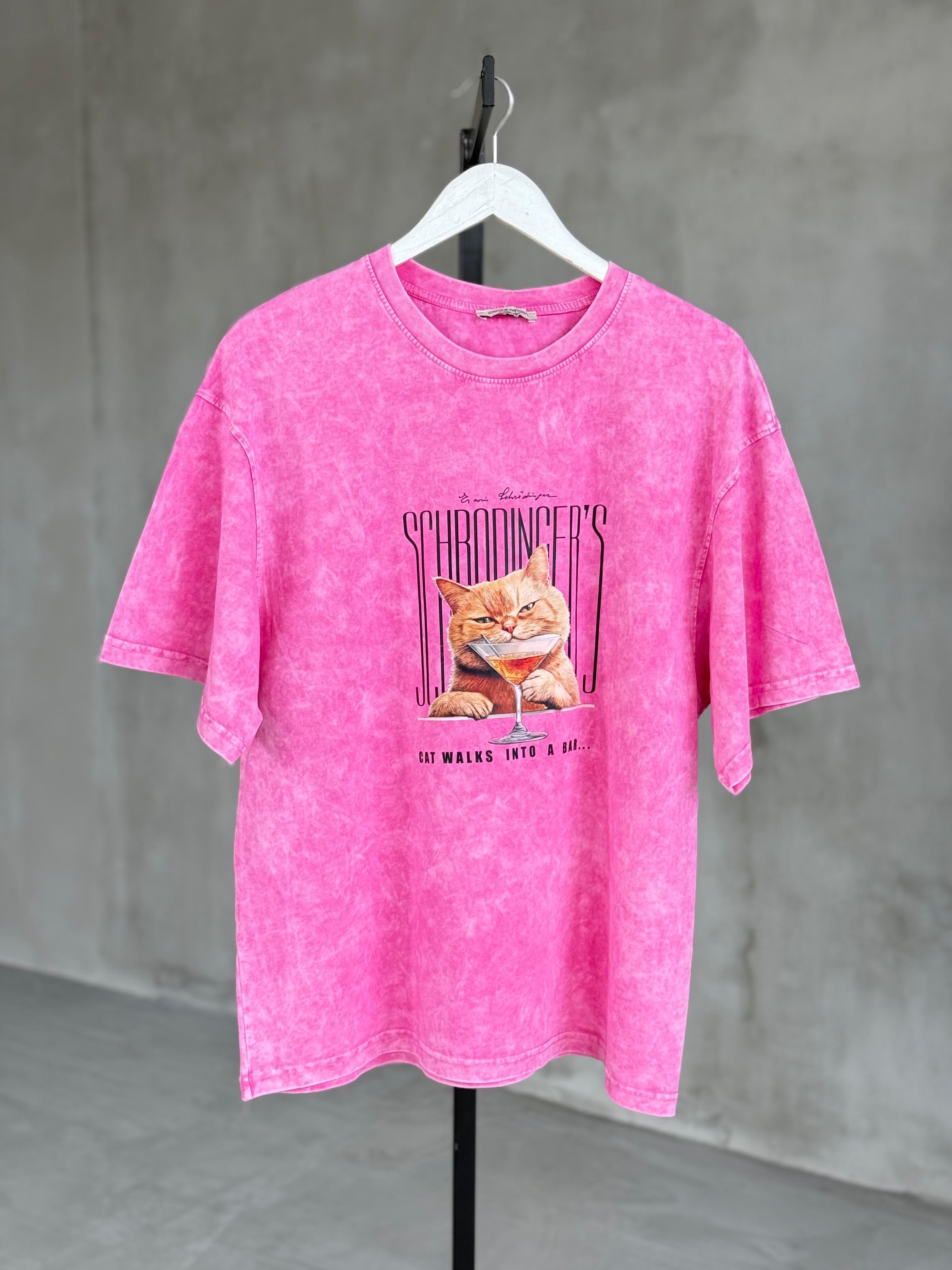 Tasarım Kedi Baskılı Taş Yıkama Oversize Dokuma Tişört (Pembe)