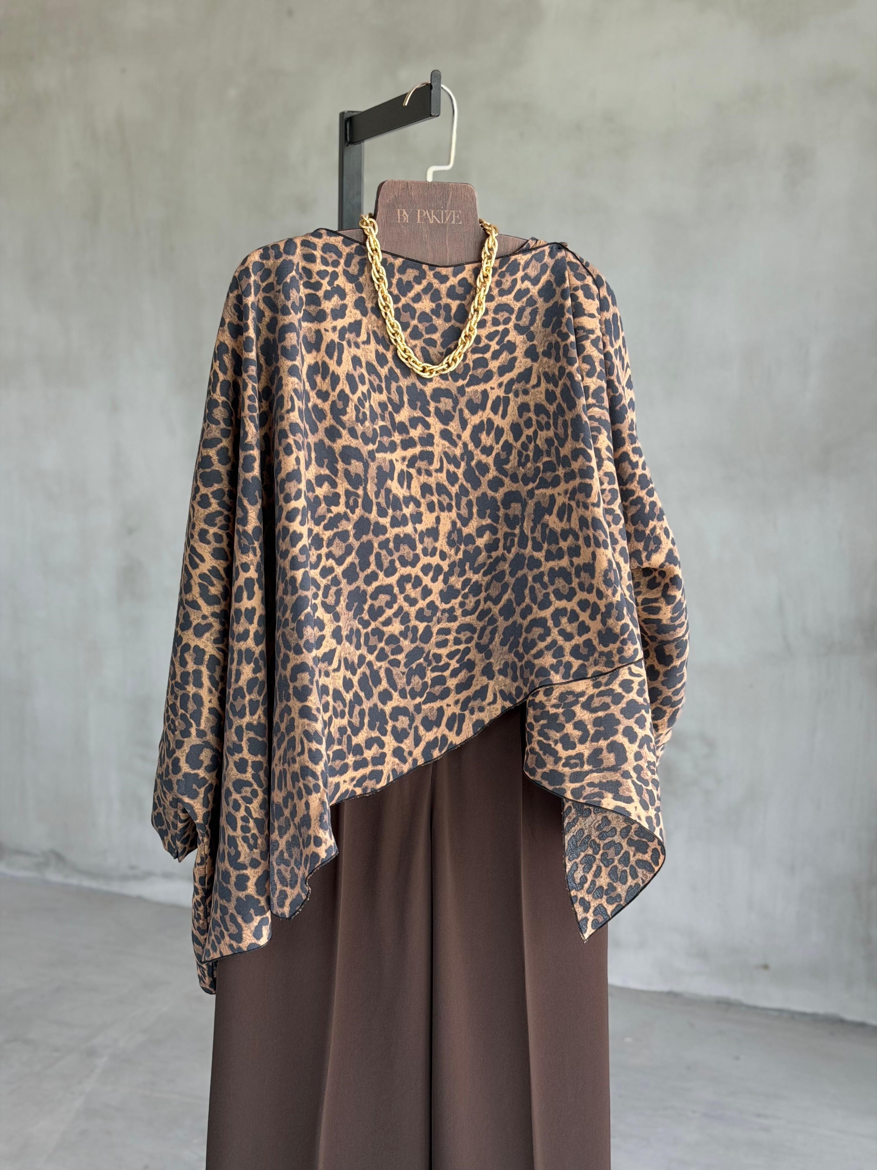 Tasarım Leopar Pelerin Model Bluz (Kahve)