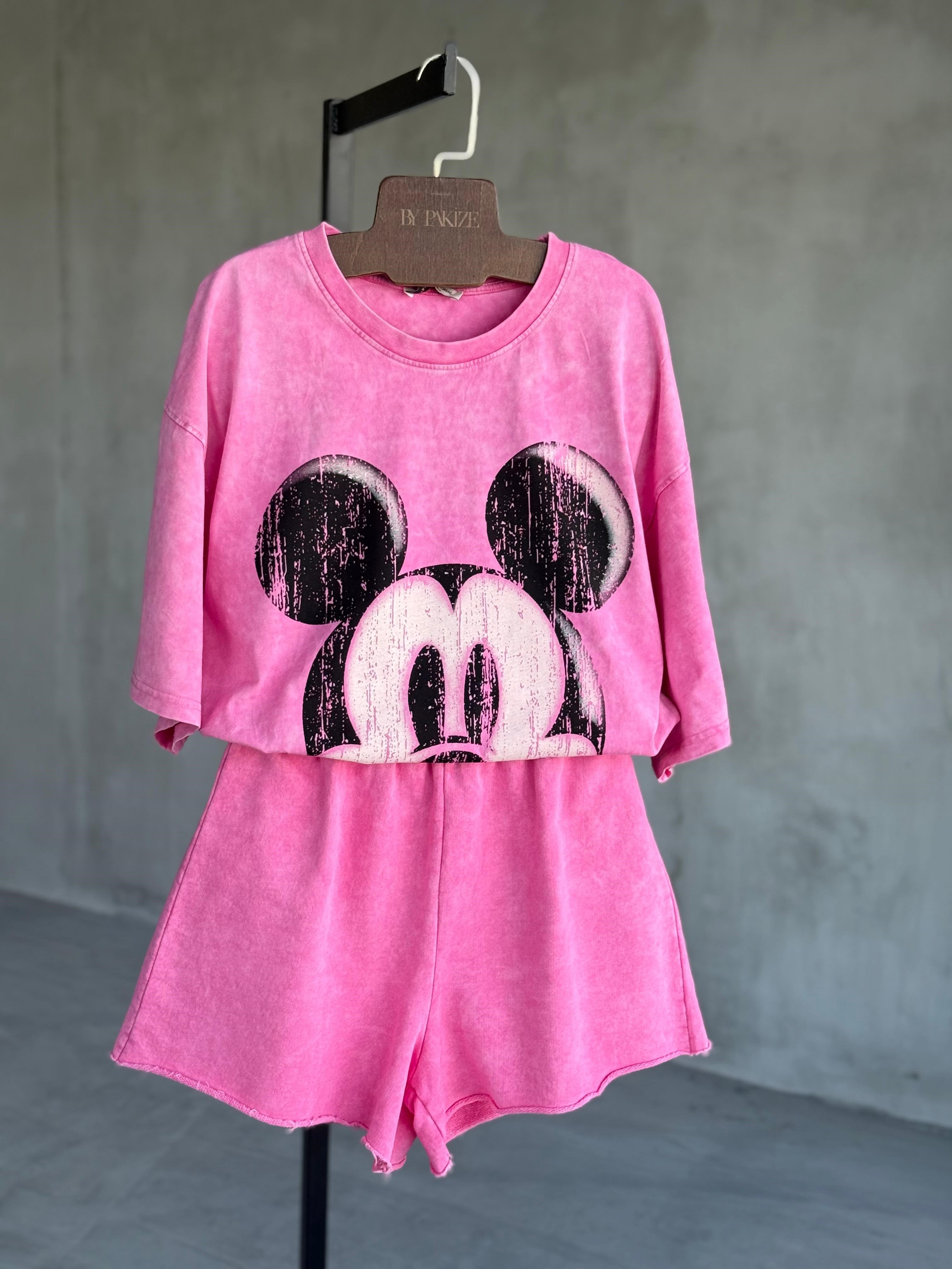 Tasarım Mickey Baskılı Taş Yıkama Oversize Dokuma TAKIM (Pembe)