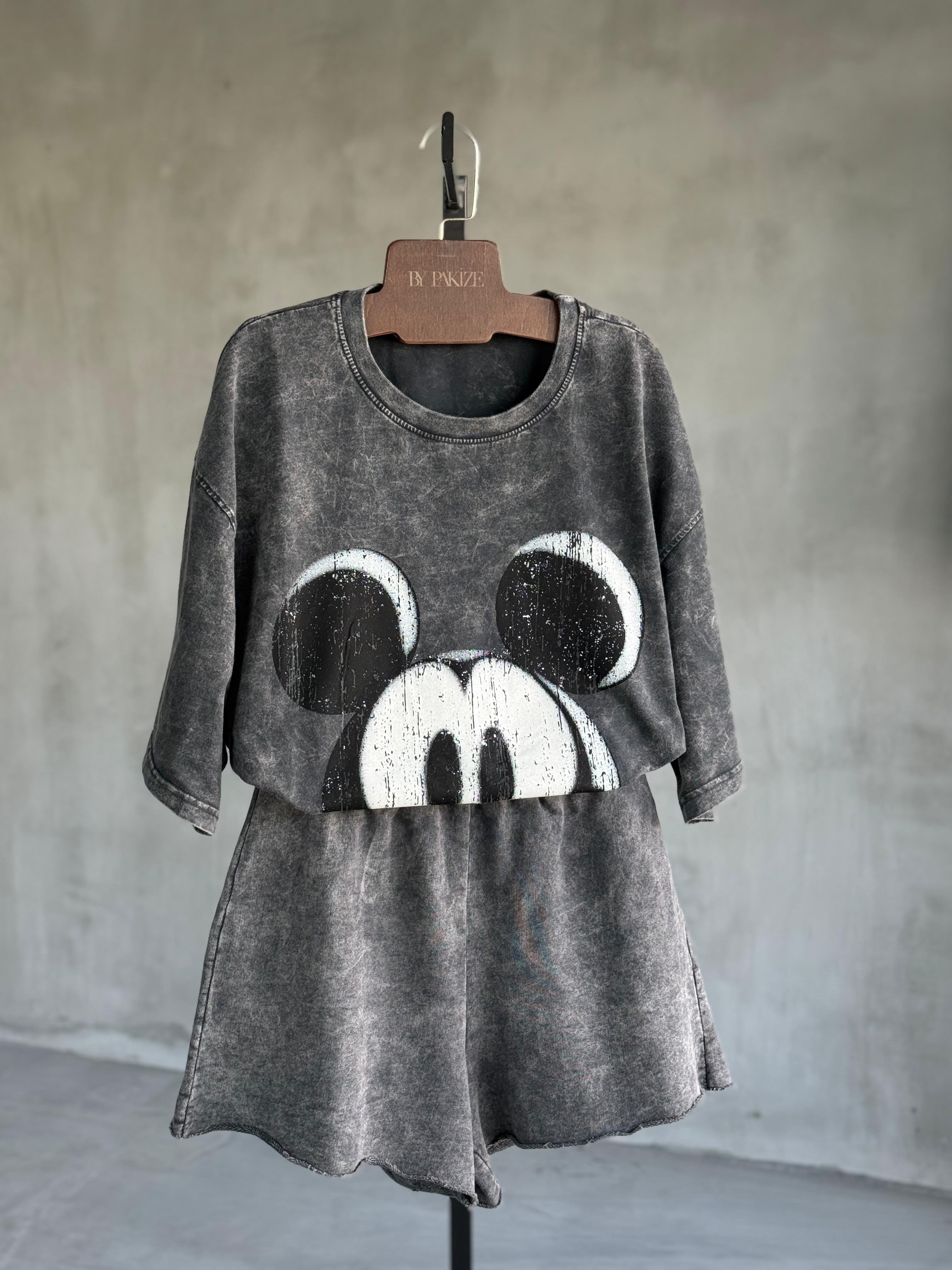 Tasarım Mickey Baskılı Taş Yıkama Oversize Dokuma TAKIM (Antrasit)