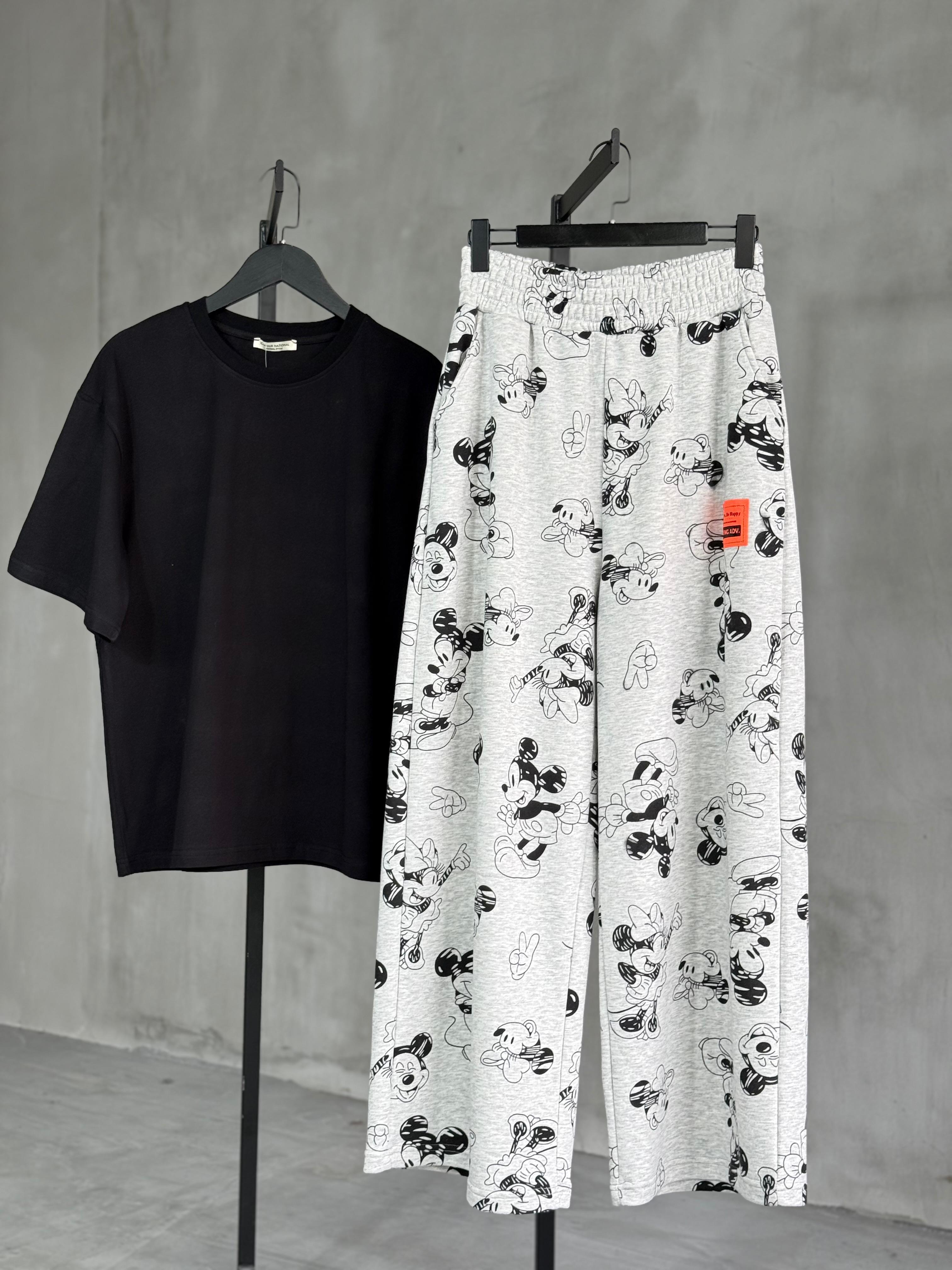 Tasarım Mickey Desenli Armalı Premium Pantolon (Gri)
