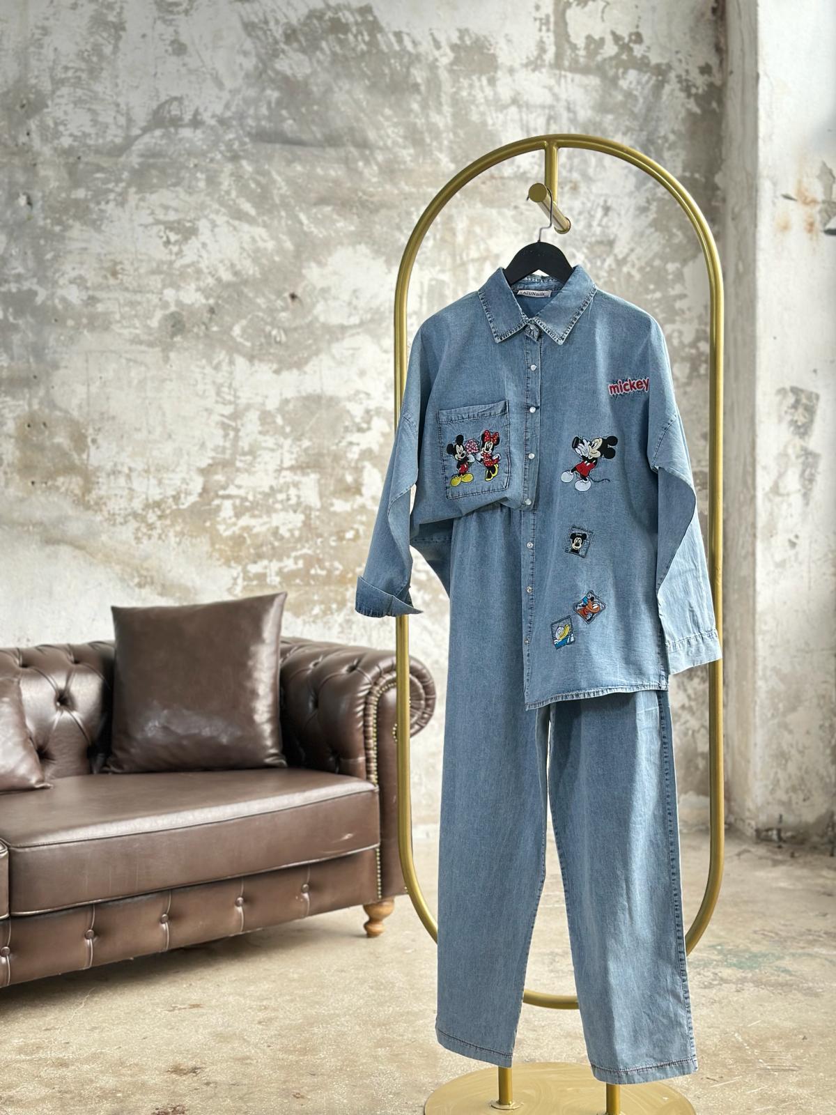Tasarım Mickey Nakış İşlemeli Denim Takım (Buz Mavisi)