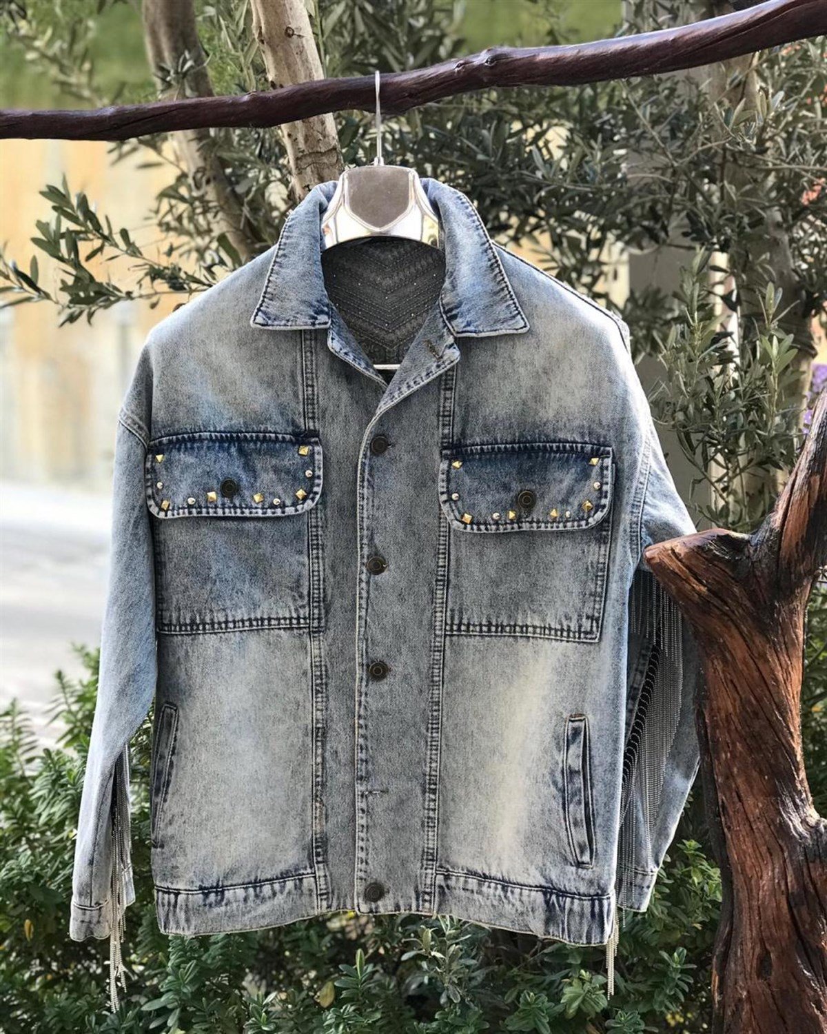 Tasarım Model Etnik Desen Zincir Nakış Taş İşçilikli Kot Ceket