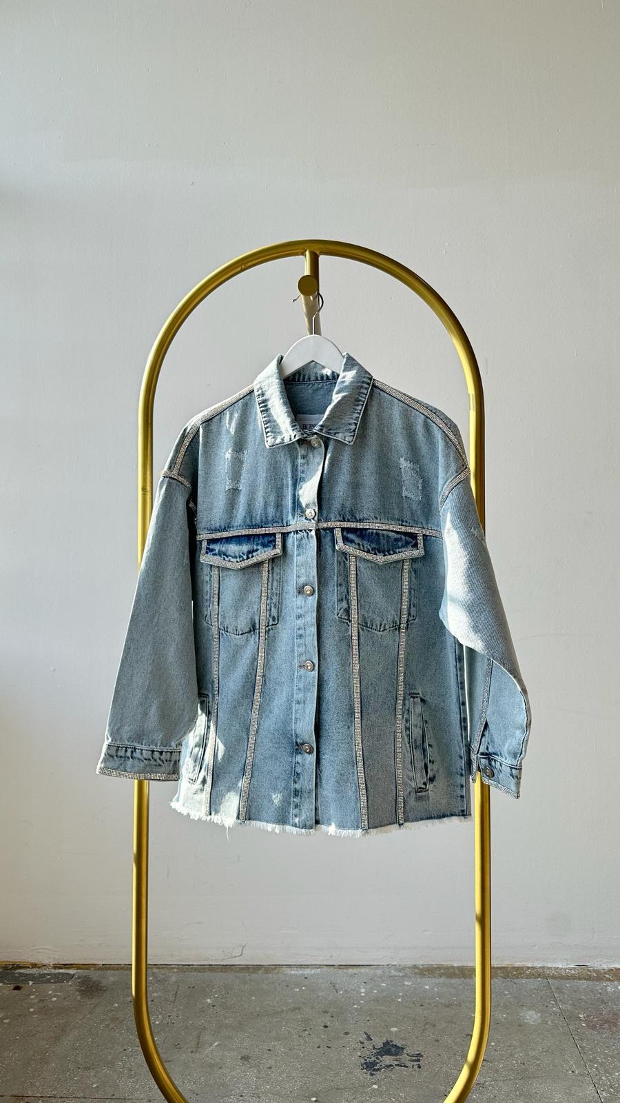 Tasarım Model İthal Kristal Taş İşçilikli Kot Ceket (Mavi) 